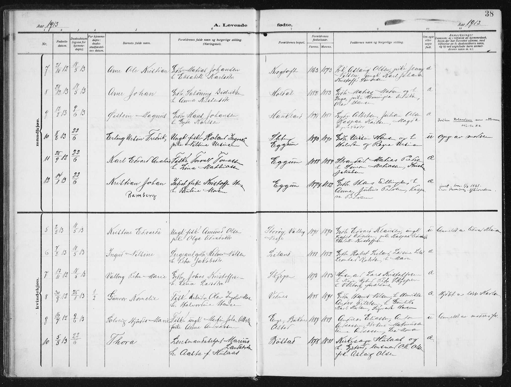 Ministerialprotokoller, klokkerbøker og fødselsregistre - Nordland, SAT/A-1459/880/L1135: Parish register (official) no. 880A09, 1908-1919, p. 38