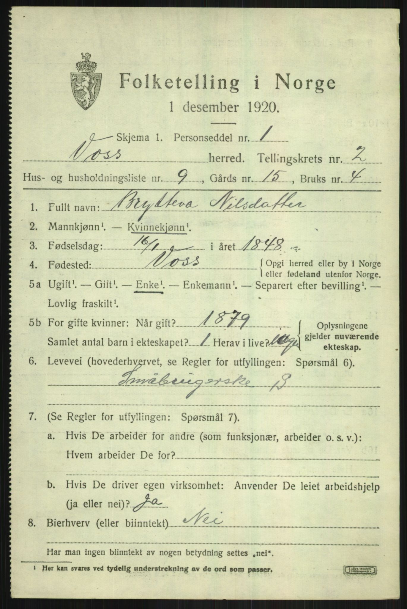 SAB, 1920 census for Voss, 1920, p. 3555