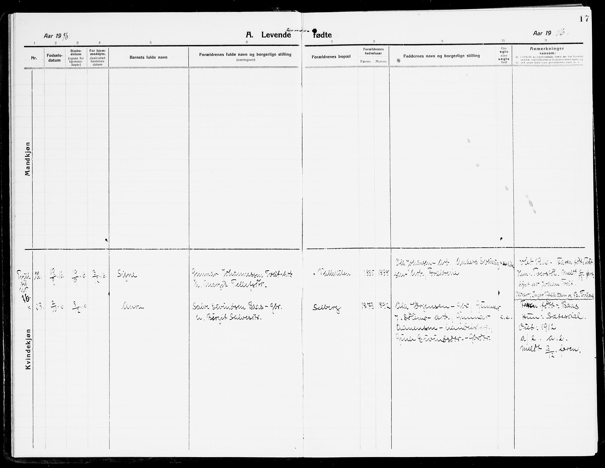 Åmli sokneprestkontor, AV/SAK-1111-0050/F/Fa/Fac/L0013: Parish register (official) no. A 13, 1914-1933, p. 17