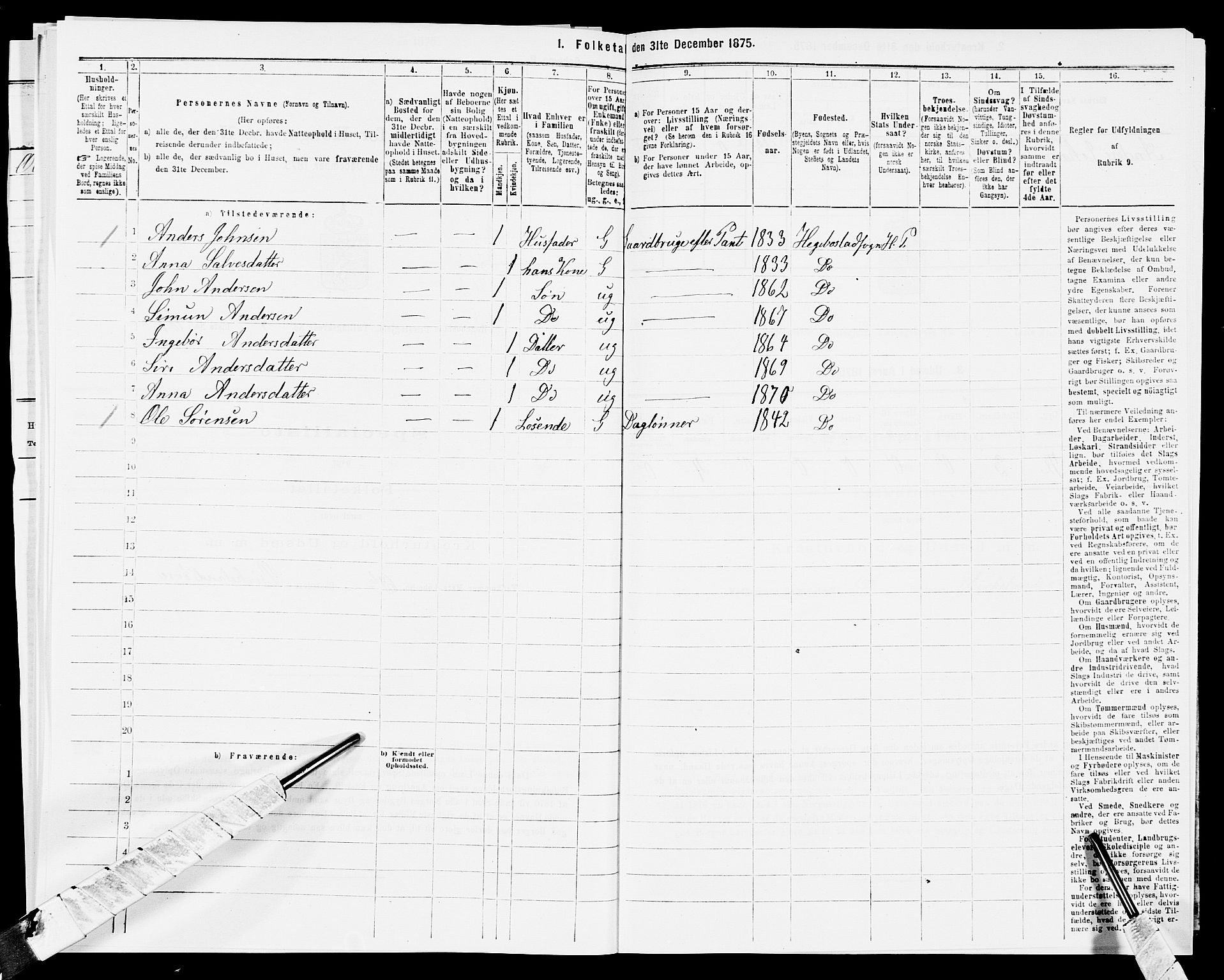 SAK, 1875 census for 1034P Hægebostad, 1875, p. 336