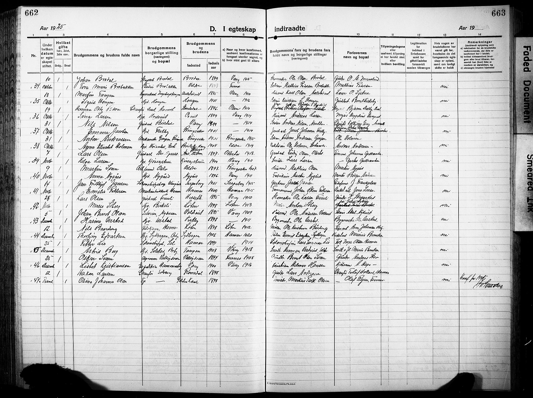 Vang prestekontor, Hedmark, AV/SAH-PREST-008/H/Ha/Hab/L0015: Parish register (copy) no. 15, 1915-1933, p. 662-663