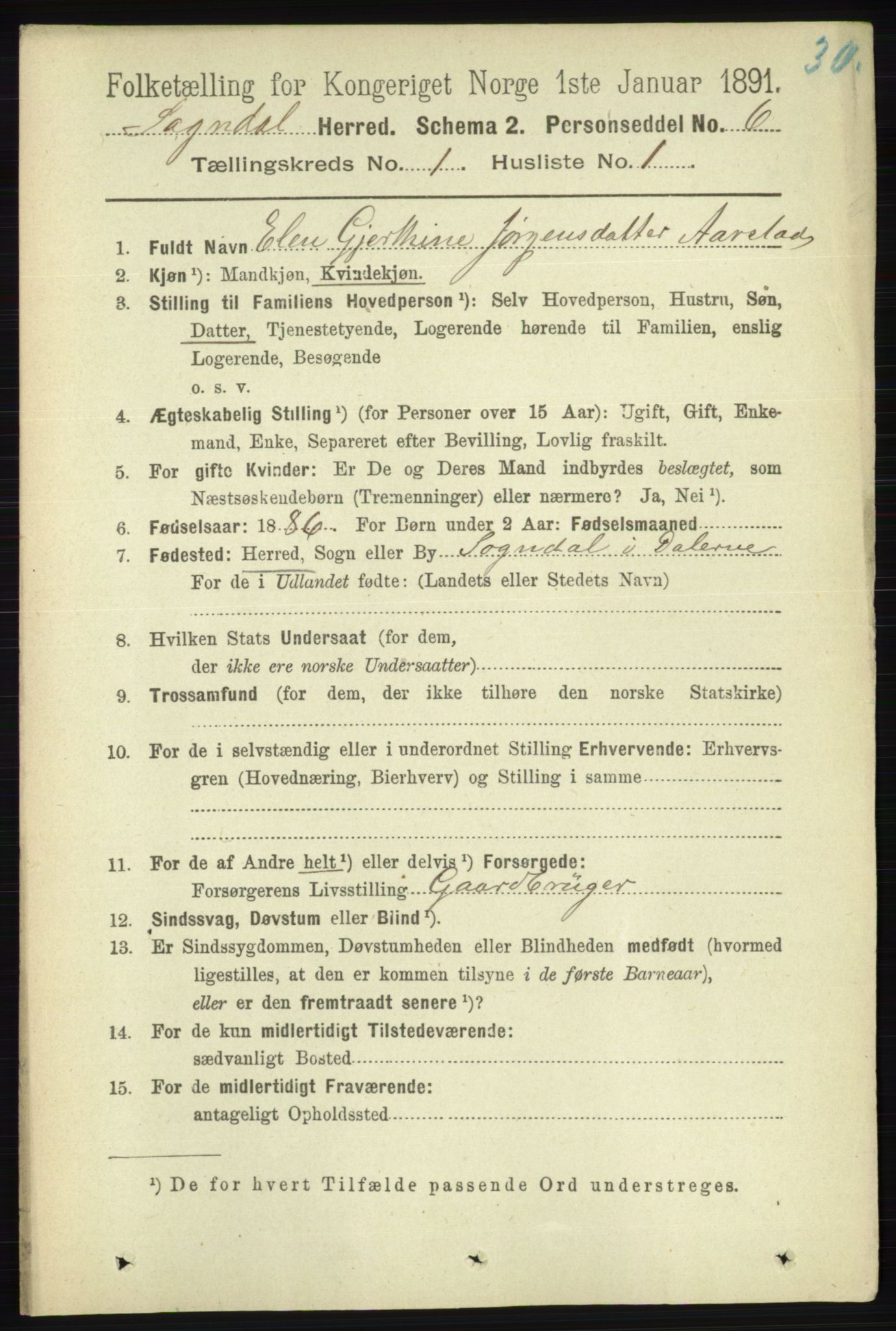 RA, 1891 census for 1111 Sokndal, 1891, p. 92