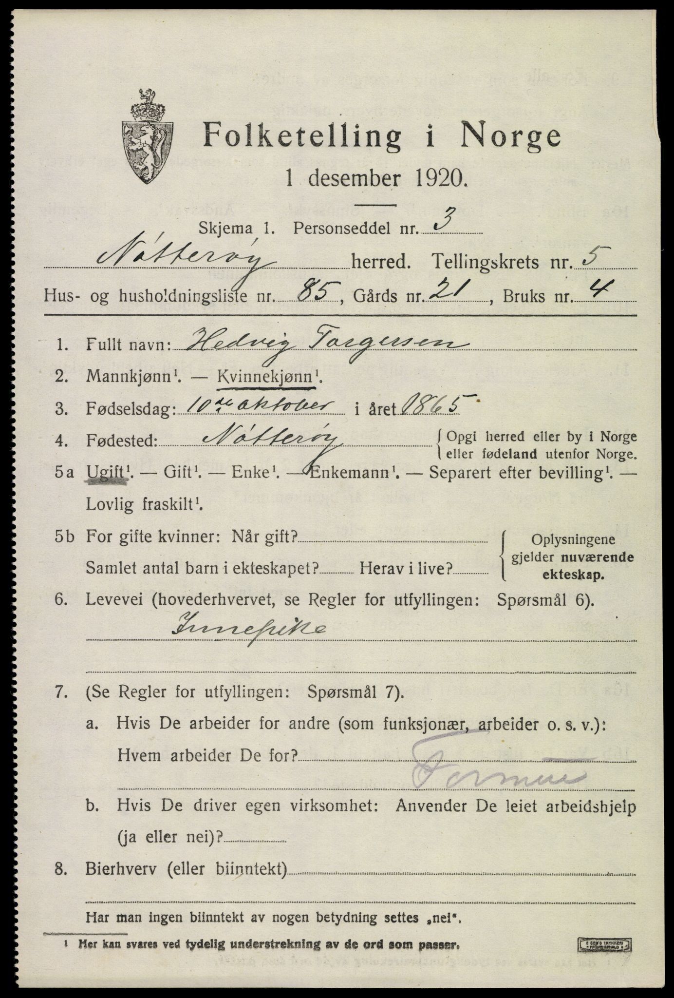 SAKO, 1920 census for Nøtterøy, 1920, p. 8383
