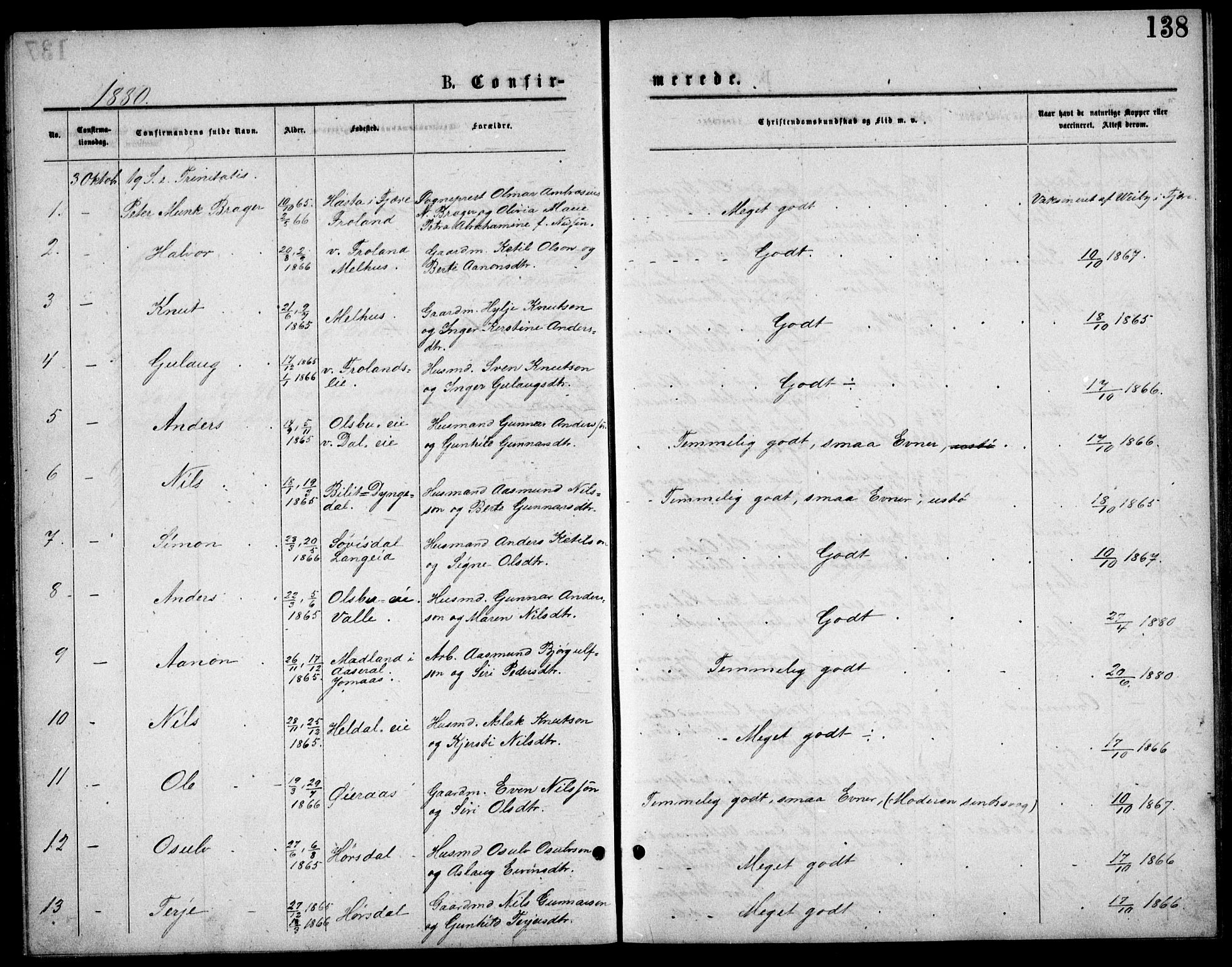 Froland sokneprestkontor, AV/SAK-1111-0013/F/Fb/L0009: Parish register (copy) no. B 9, 1875-1893, p. 138