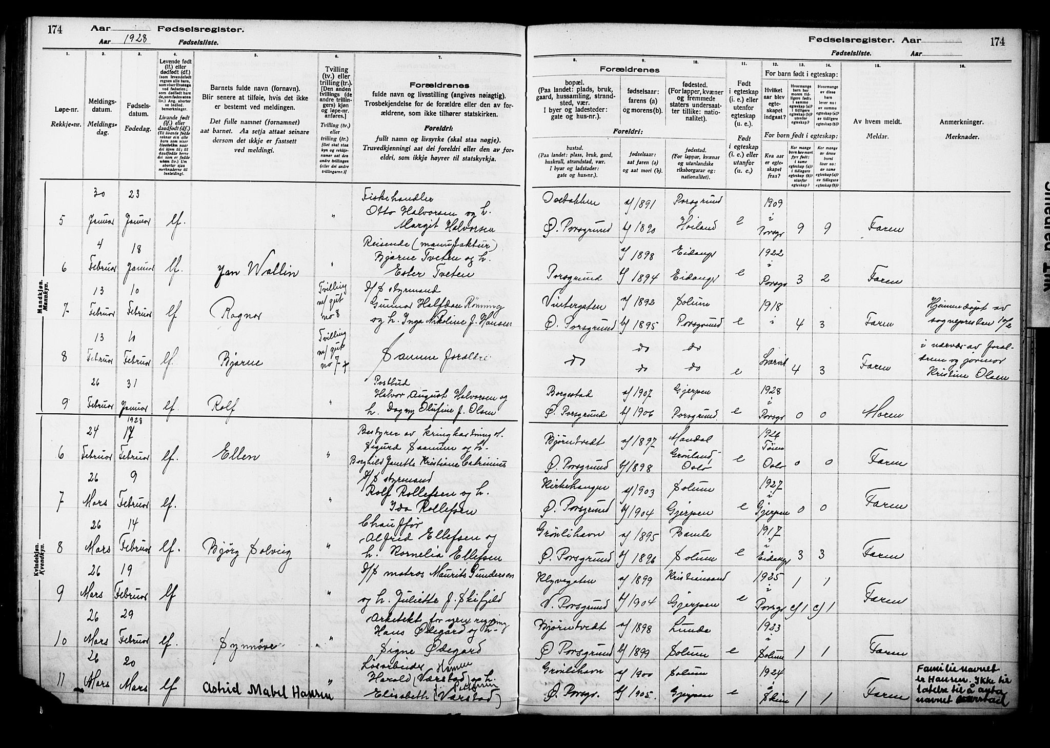 Porsgrunn kirkebøker , SAKO/A-104/J/Ja/L0001: Birth register no. 1, 1916-1929, p. 174