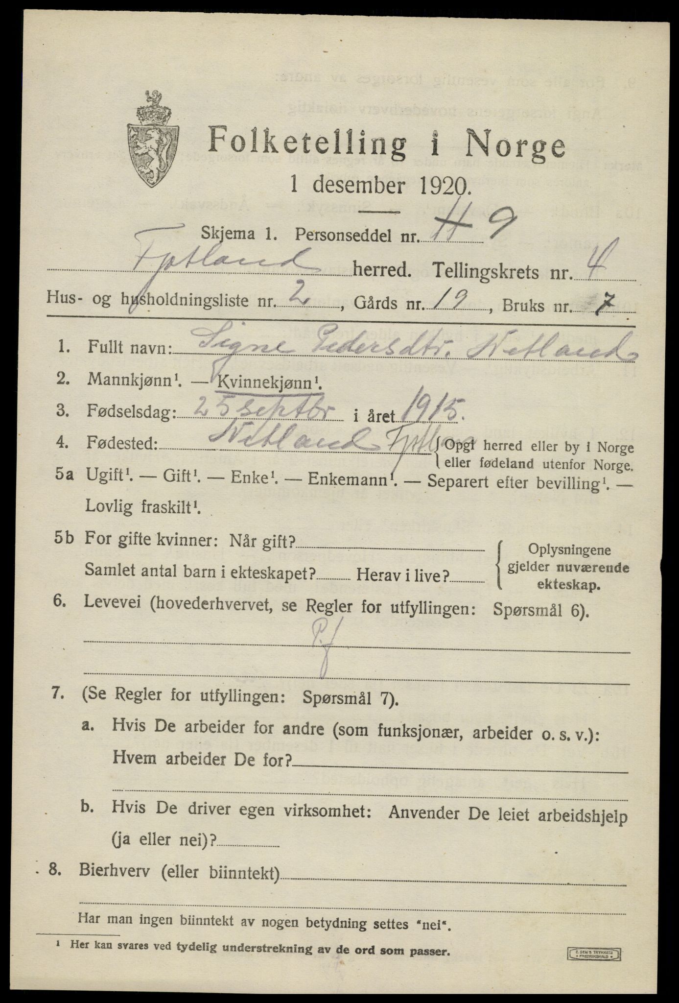 SAK, 1920 census for Fjotland, 1920, p. 1210