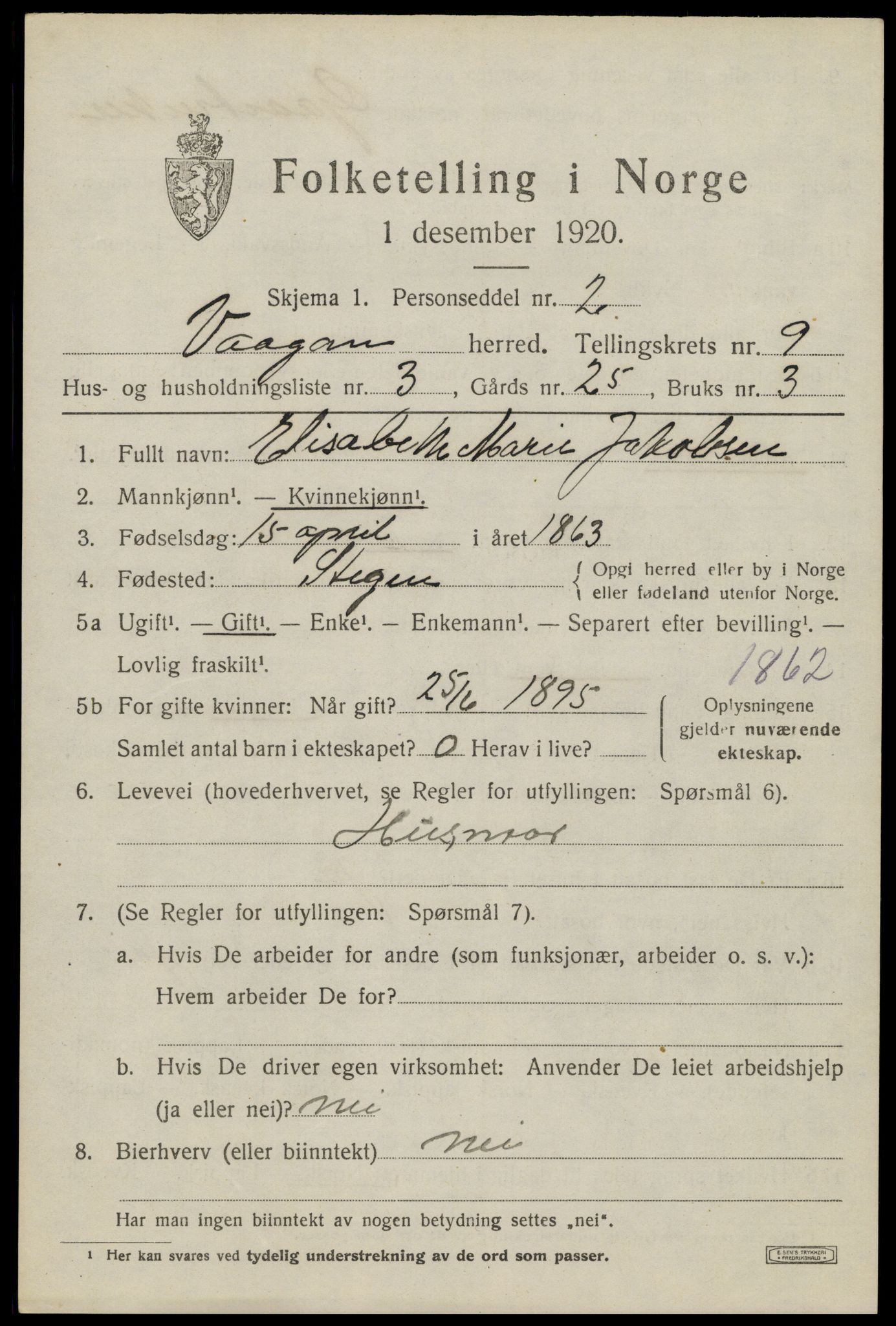 SAT, 1920 census for Vågan, 1920, p. 8125