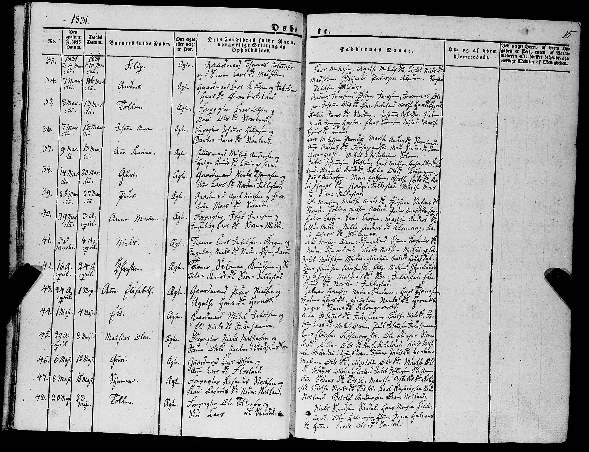 Fana Sokneprestembete, SAB/A-75101/H/Haa/Haaa/L0008: Parish register (official) no. A 8, 1829-1851, p. 15