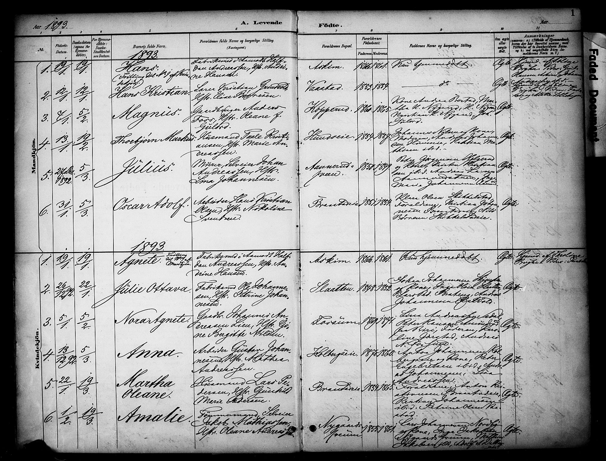 Vardal prestekontor, AV/SAH-PREST-100/H/Ha/Haa/L0012: Parish register (official) no. 12, 1893-1904, p. 1