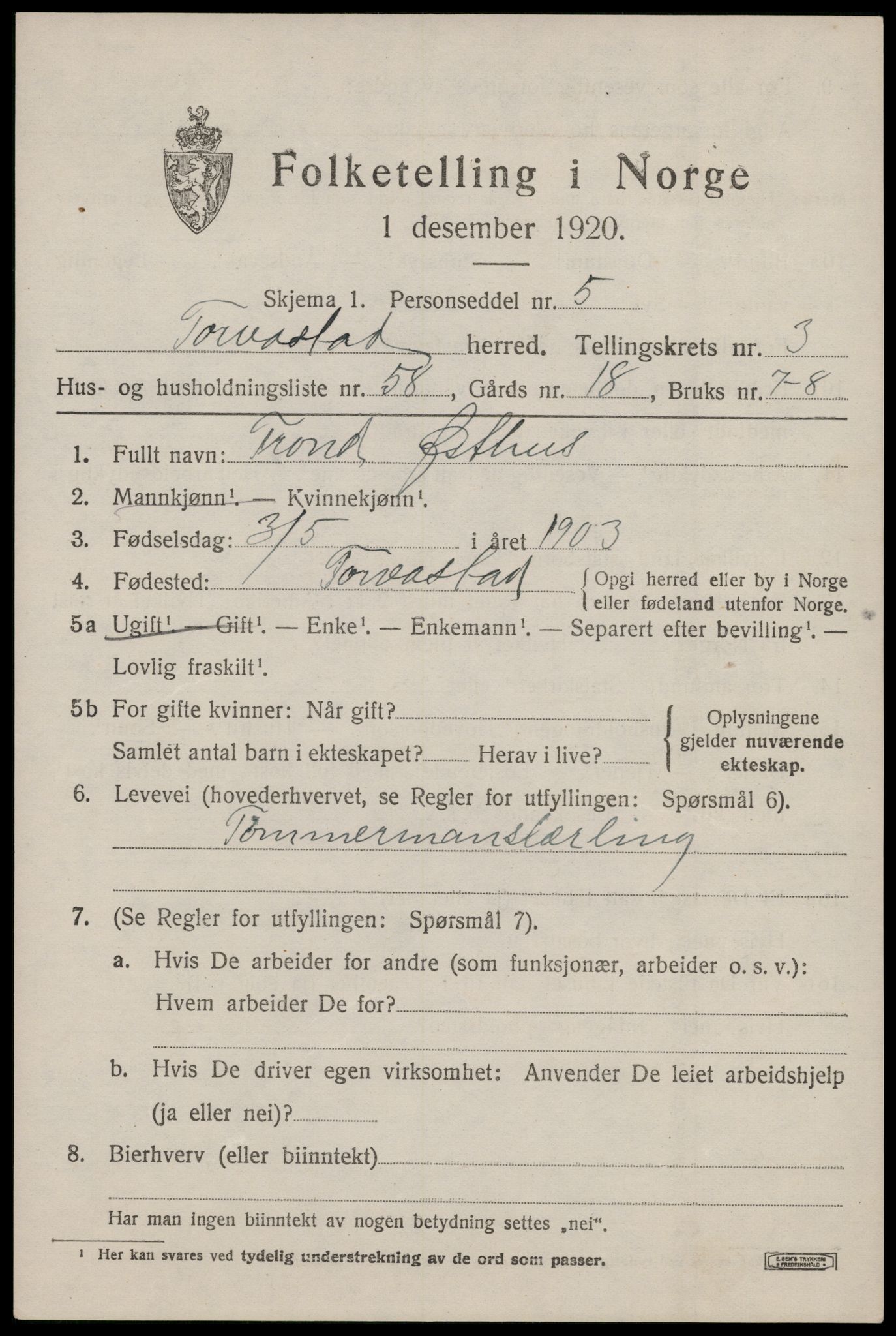 SAST, 1920 census for Torvastad, 1920, p. 3598