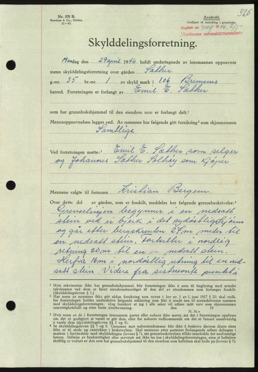 Nordmøre sorenskriveri, AV/SAT-A-4132/1/2/2Ca: Mortgage book no. A101, 1946-1946, Diary no: : 729/1946