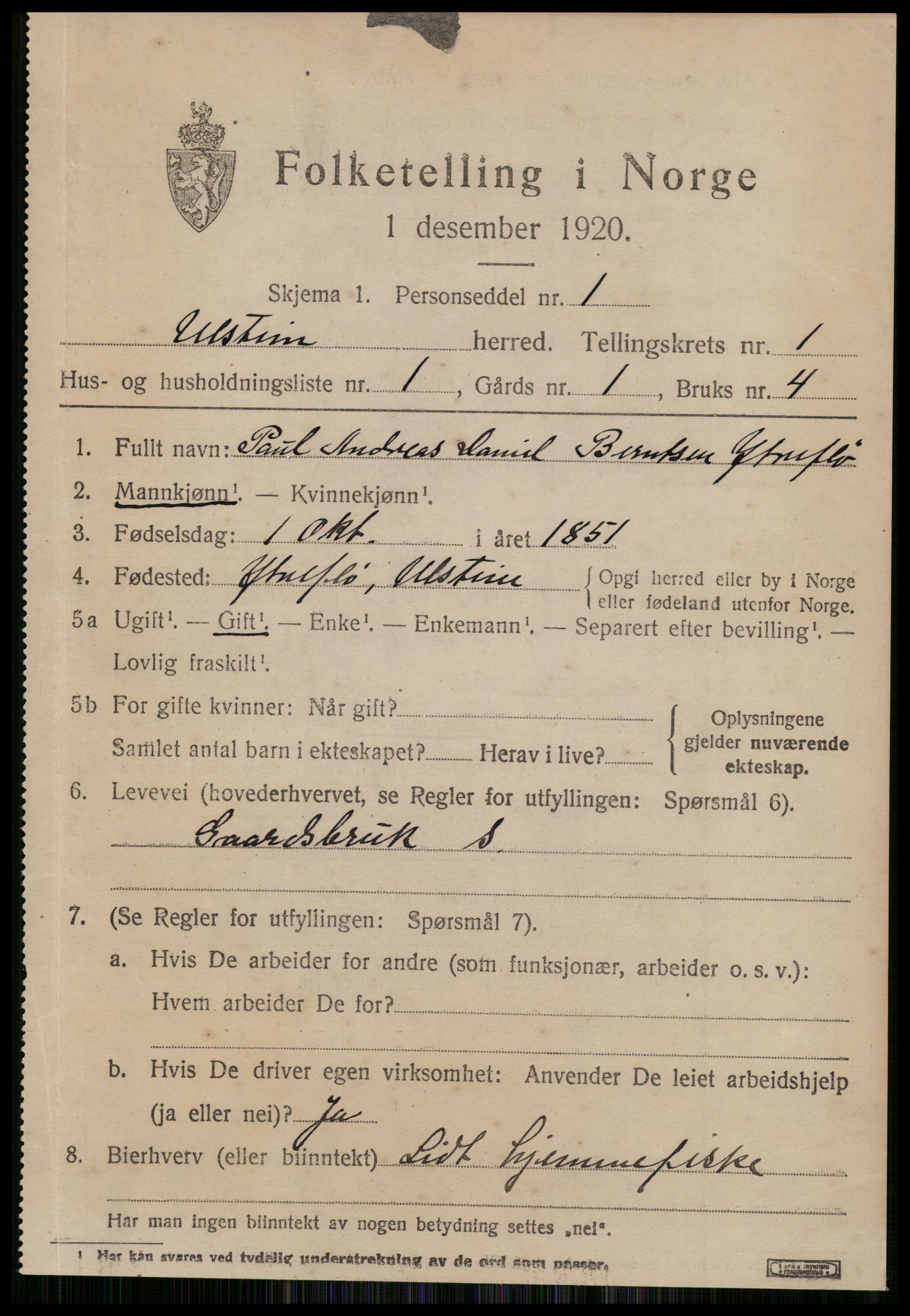 SAT, 1920 census for Ulstein, 1920, p. 694