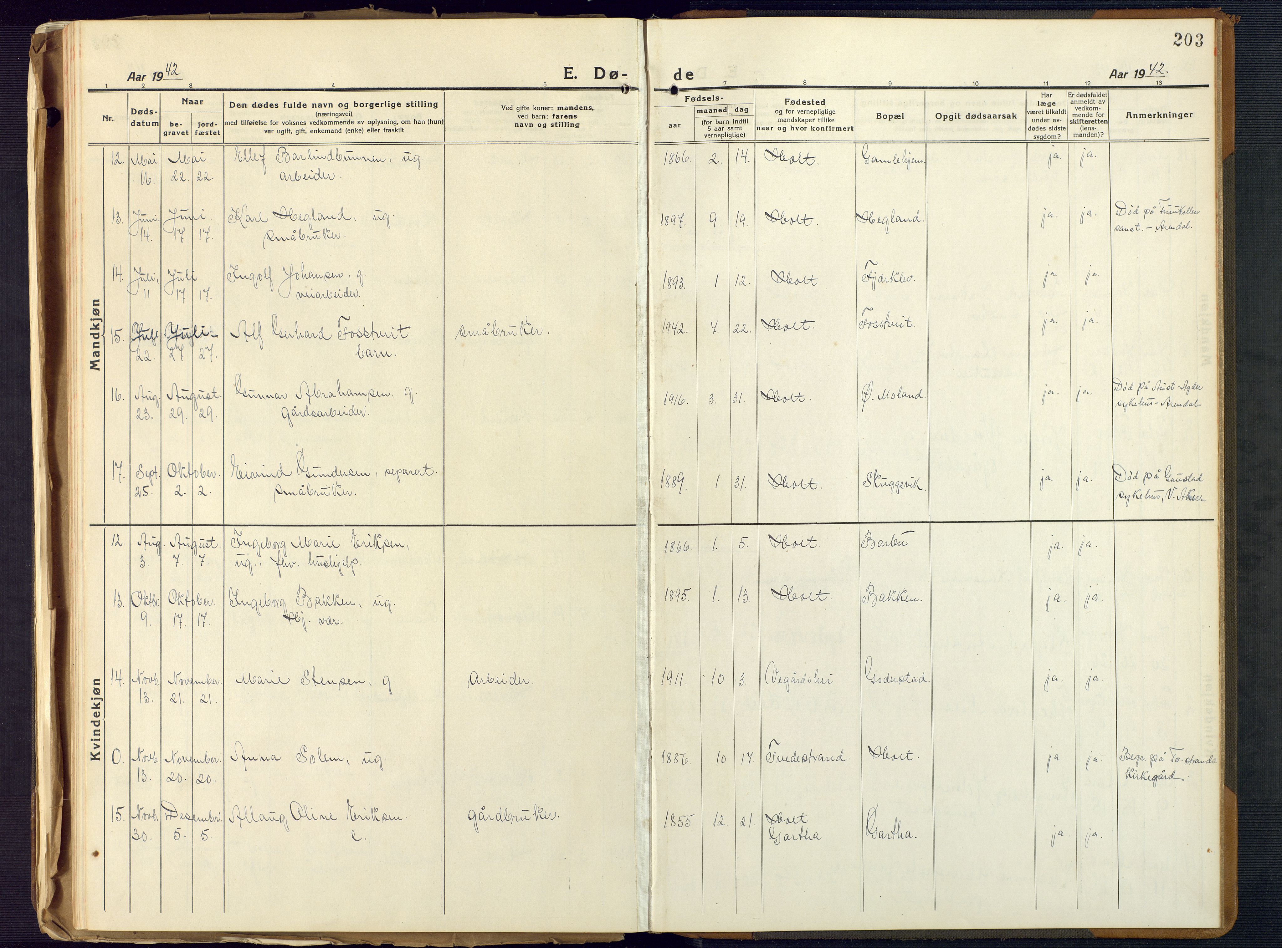 Holt sokneprestkontor, AV/SAK-1111-0021/F/Fb/L0012: Parish register (copy) no. B 12, 1919-1944, p. 203