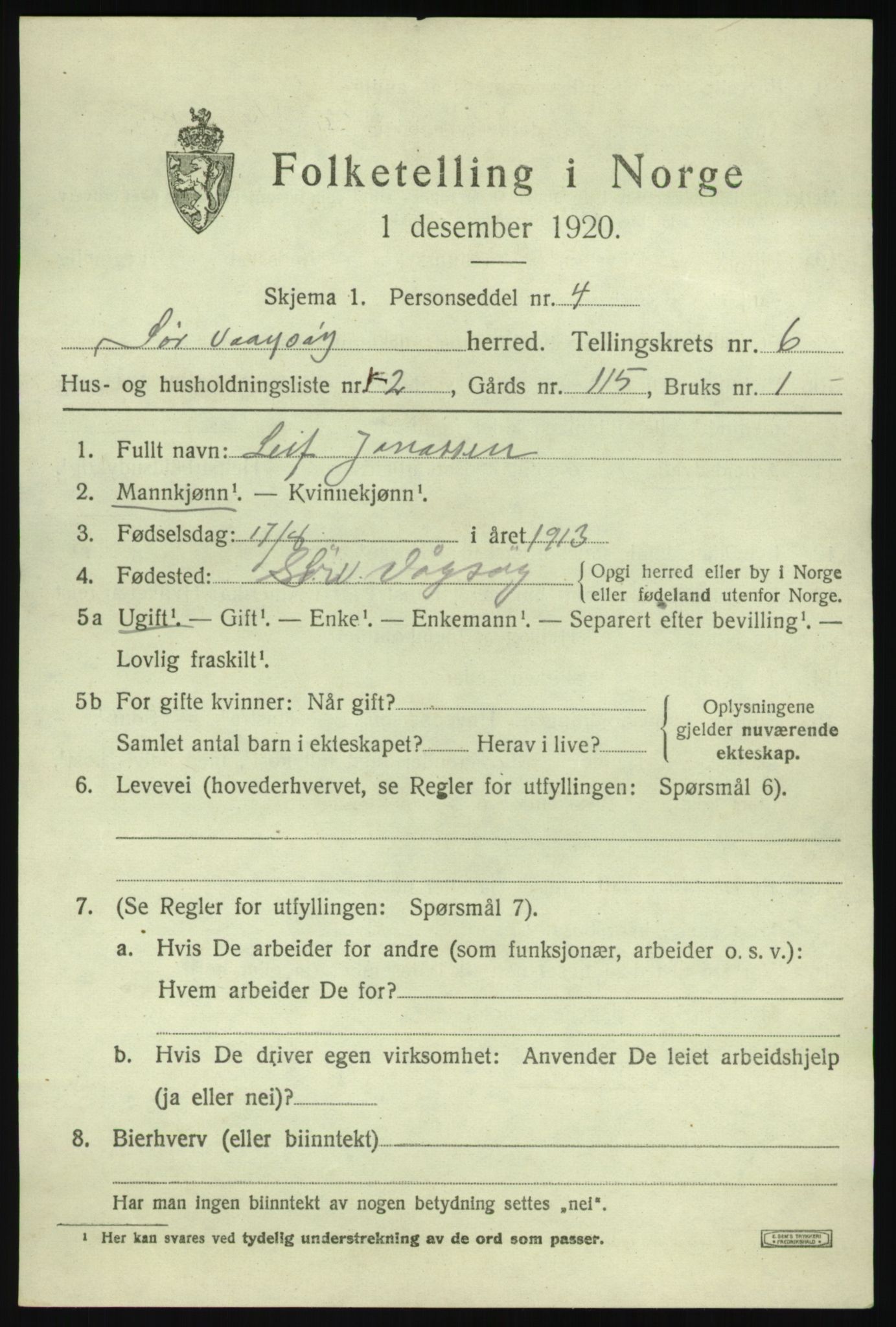 SAB, 1920 census for Sør-Vågsøy, 1920, p. 3300