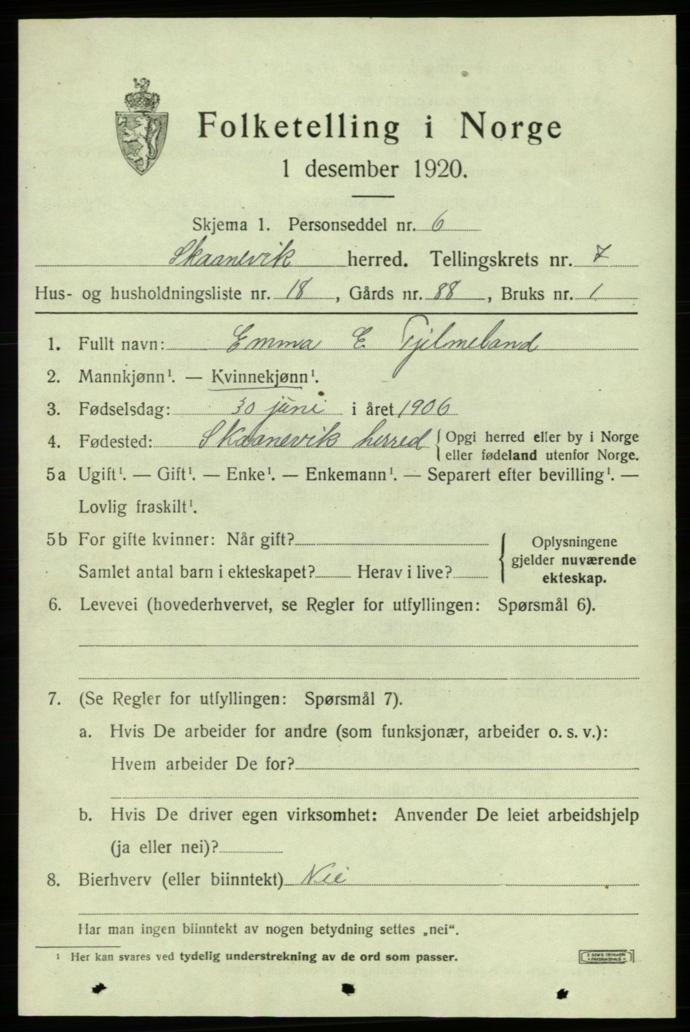 SAB, 1920 census for Skånevik, 1920, p. 4561