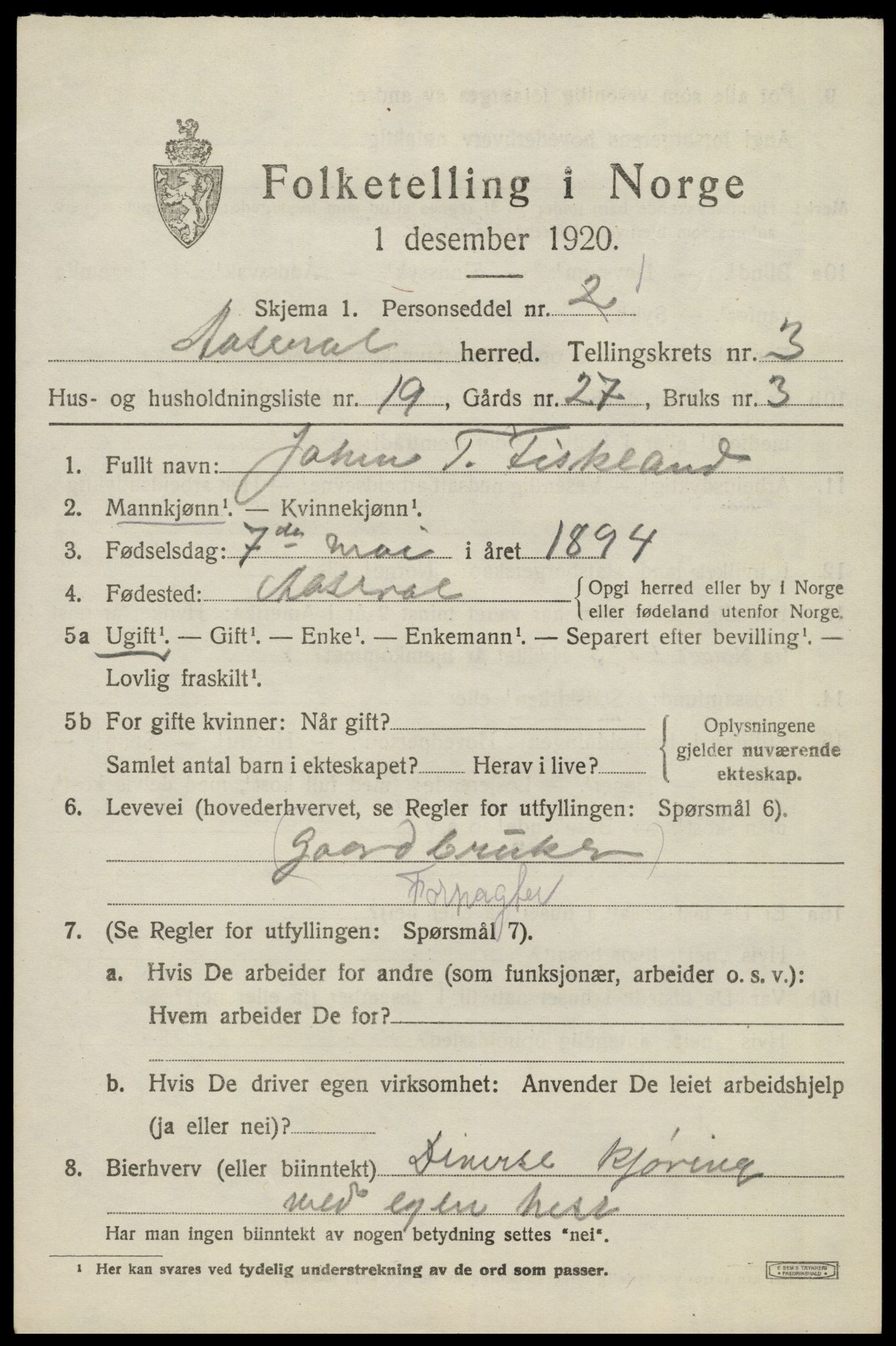 SAK, 1920 census for Åseral, 1920, p. 1172