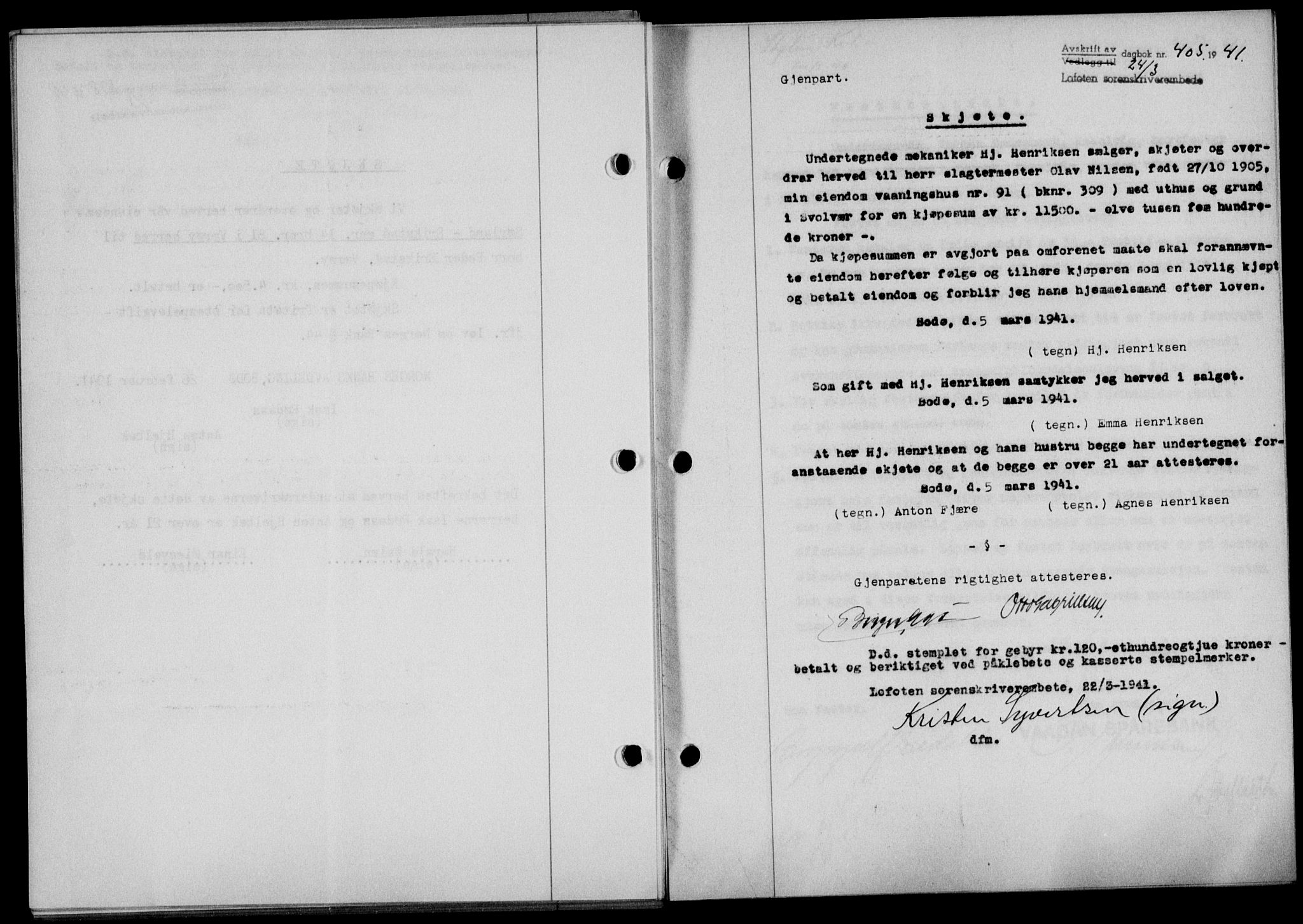 Lofoten sorenskriveri, SAT/A-0017/1/2/2C/L0008a: Mortgage book no. 8a, 1940-1941, Diary no: : 405/1941