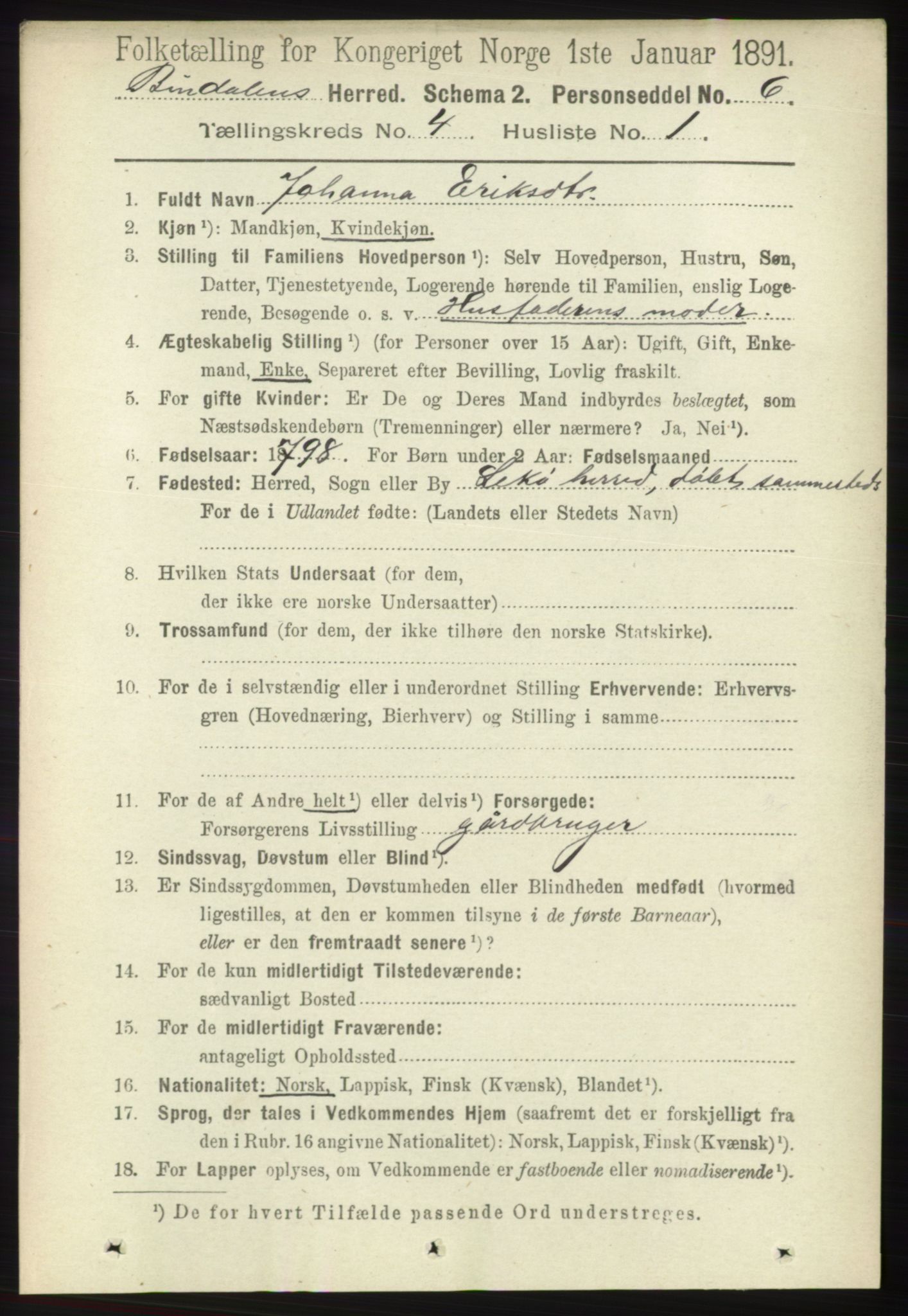 RA, 1891 census for 1811 Bindal, 1891, p. 1040