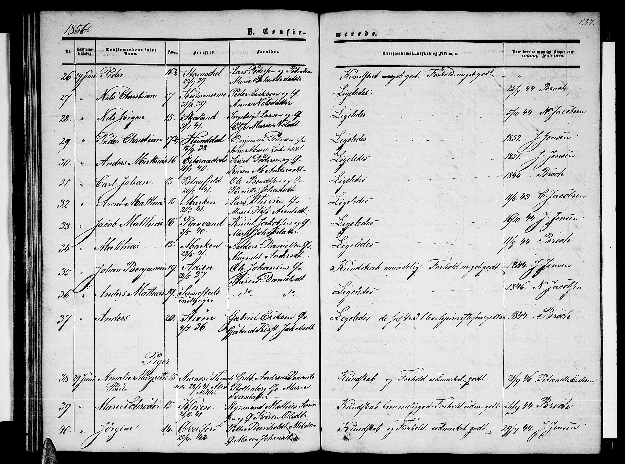 Ministerialprotokoller, klokkerbøker og fødselsregistre - Nordland, SAT/A-1459/820/L0301: Parish register (copy) no. 820C03, 1851-1858, p. 137