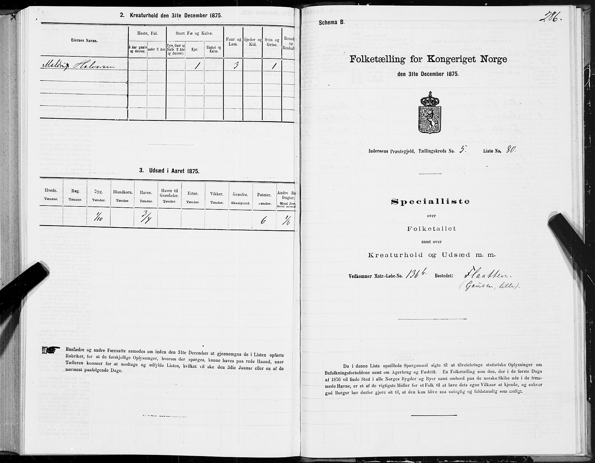 SAT, 1875 census for 1729P Inderøy, 1875, p. 3286