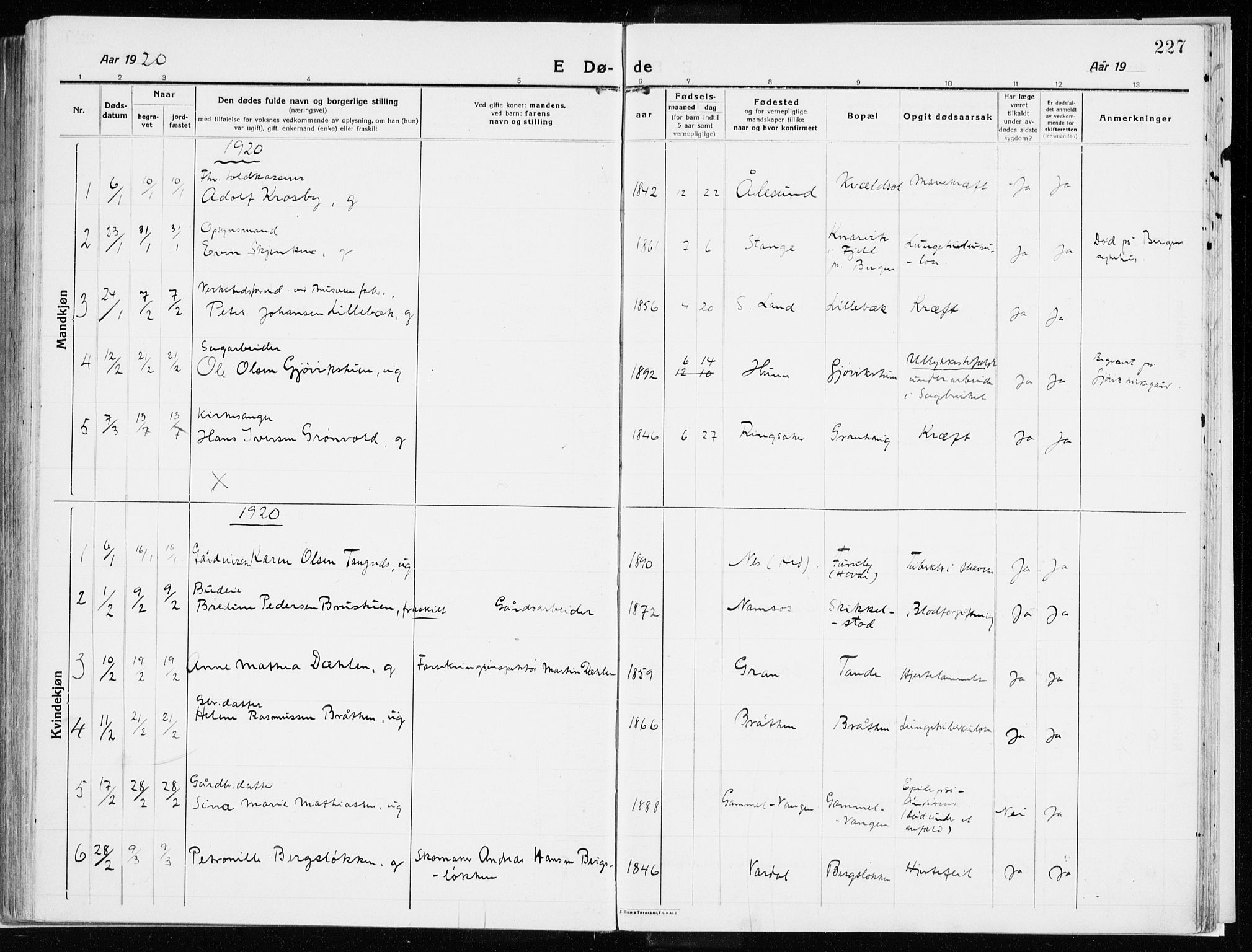 Vardal prestekontor, SAH/PREST-100/H/Ha/Haa/L0017: Parish register (official) no. 17, 1915-1929, p. 227