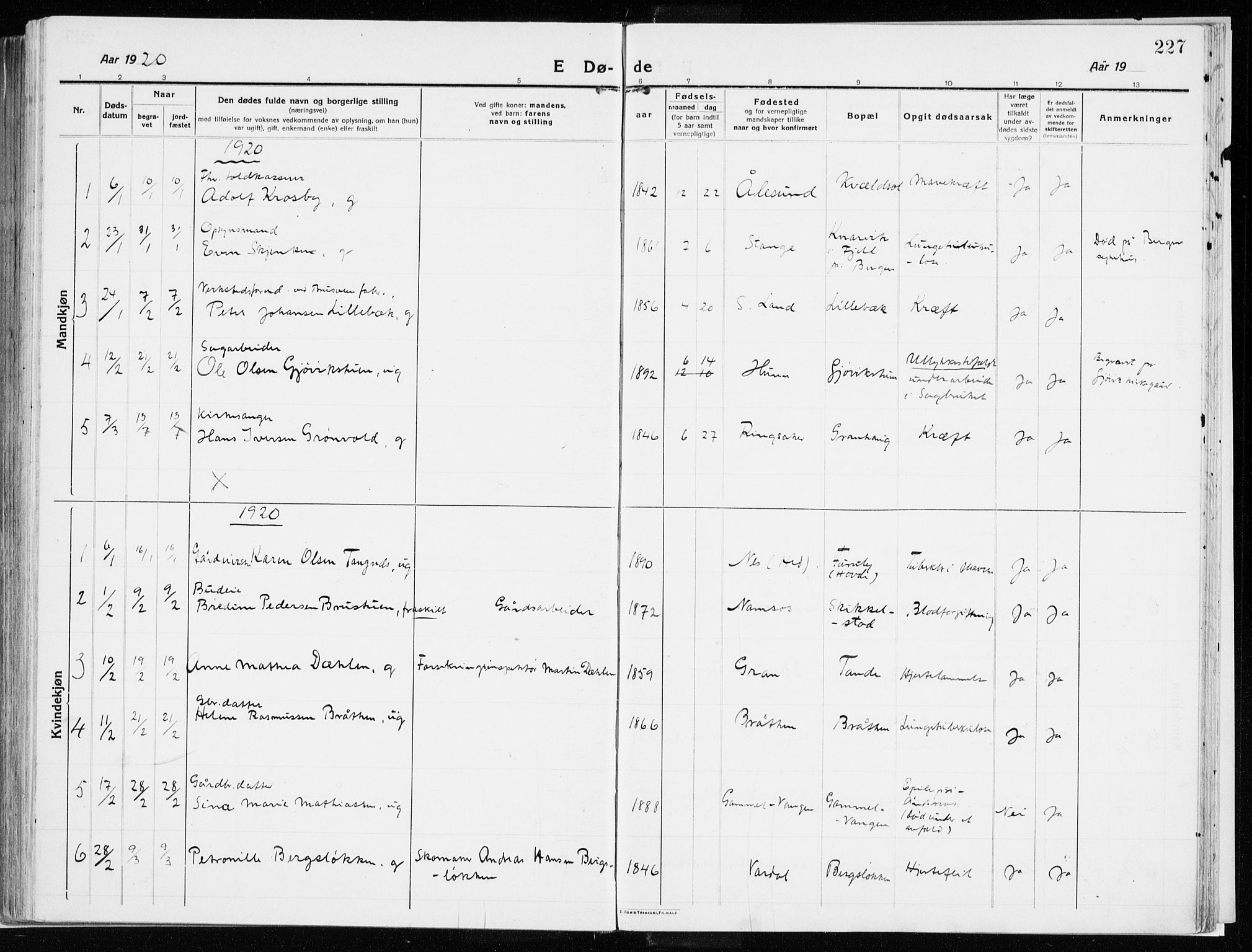 Vardal prestekontor, AV/SAH-PREST-100/H/Ha/Haa/L0017: Parish register (official) no. 17, 1915-1929, p. 227