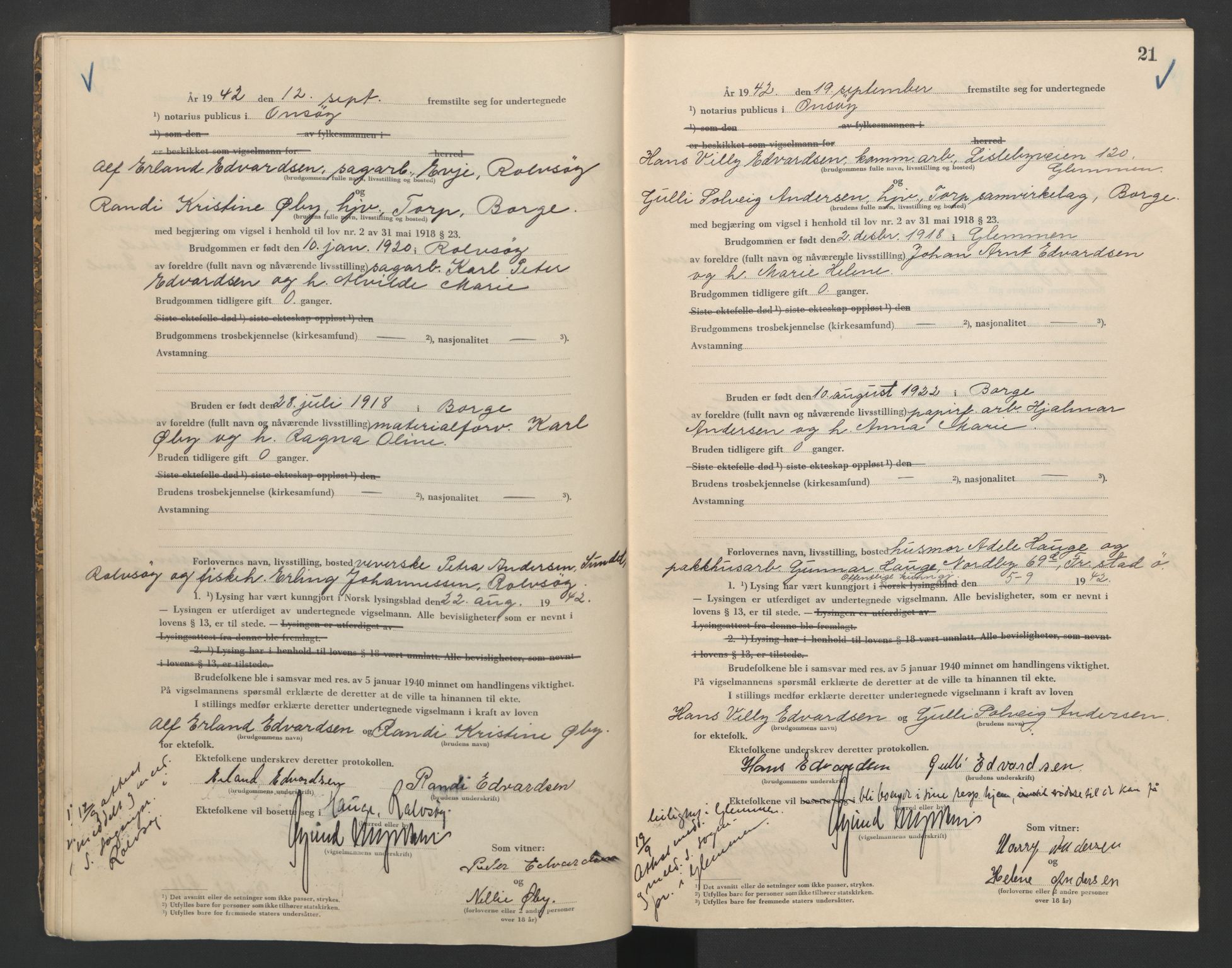 Onsøy sorenskriveri, AV/SAO-A-10474/L/La/L0002: Vigselsbok, 1942-1943, p. 21