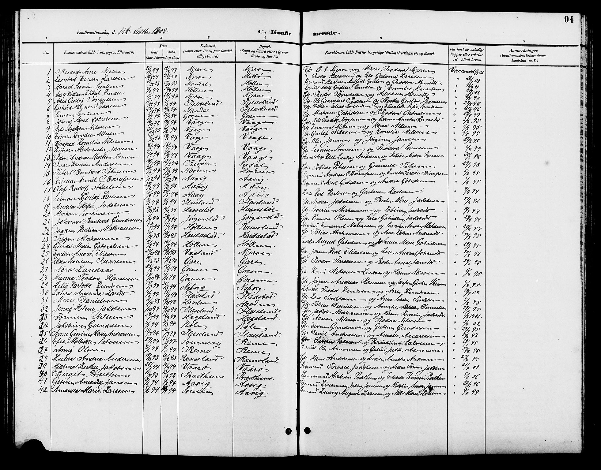 Sør-Audnedal sokneprestkontor, SAK/1111-0039/F/Fb/Fba/L0004: Parish register (copy) no. B 4, 1893-1909, p. 94