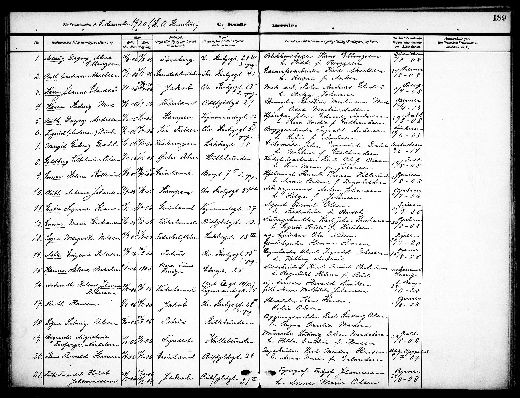 Vaterland prestekontor Kirkebøker, AV/SAO-A-10880/F/Fa/L0001: Parish register (official) no. 1, 1907-1930, p. 189