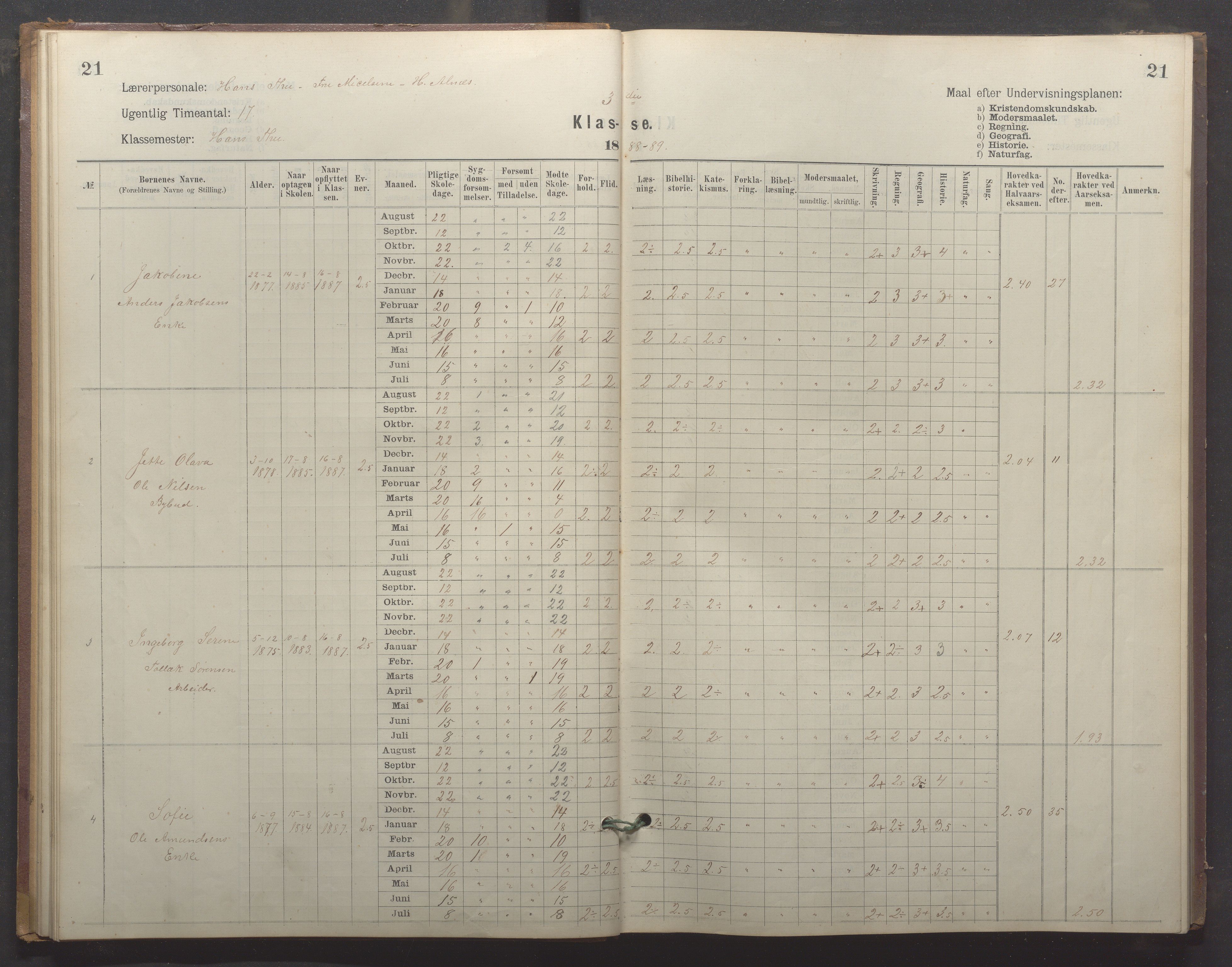 Egersund kommune (Ladested) - Egersund almueskole/folkeskole, IKAR/K-100521/H/L0024: Skoleprotokoll - Almueskolen, 3. klasse, 1887-1892, p. 21