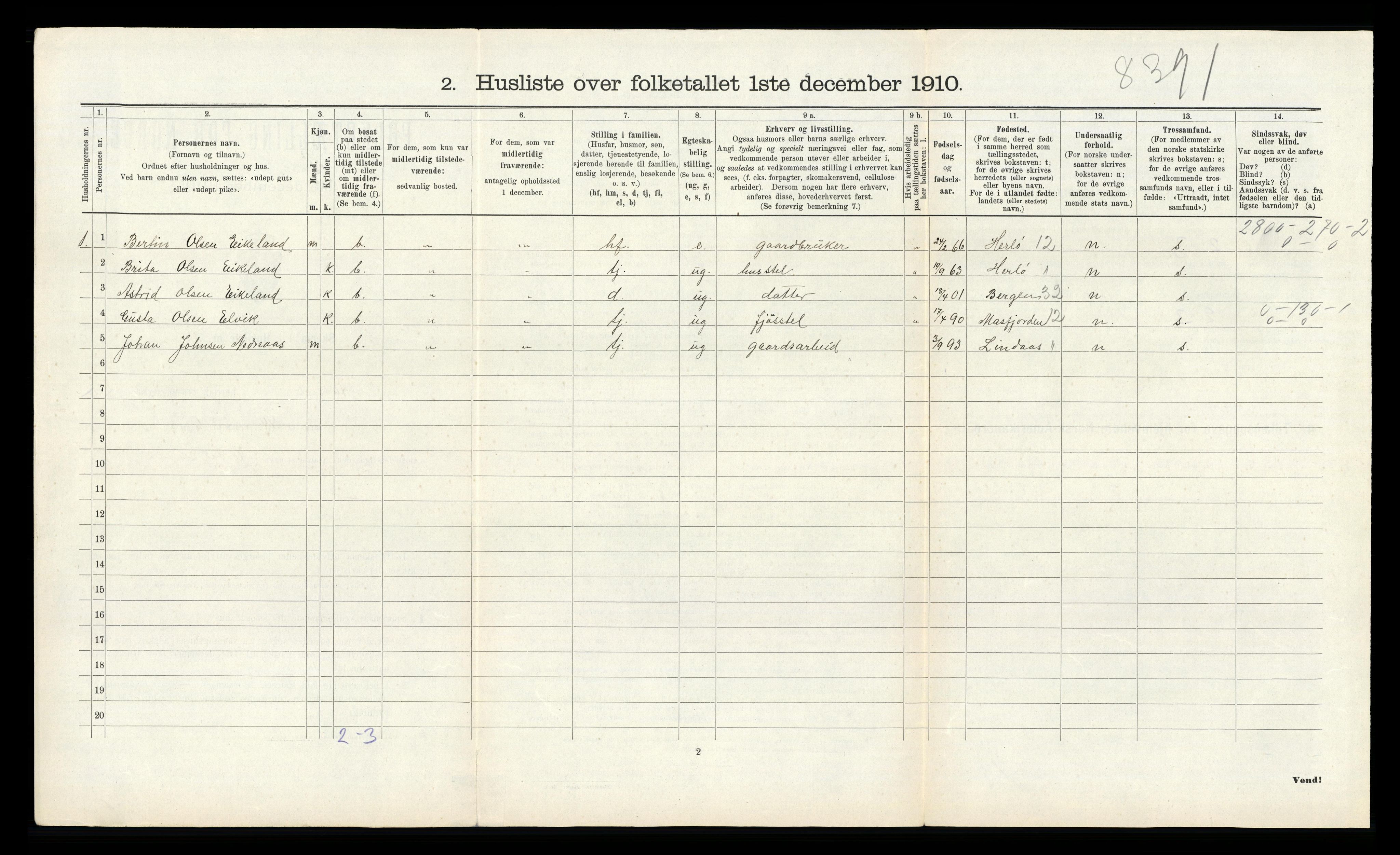 RA, 1910 census for Åsane, 1910, p. 458