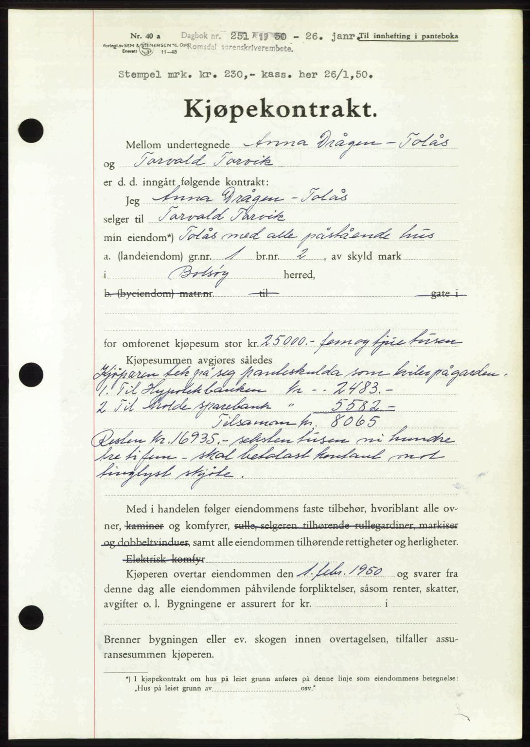 Romsdal sorenskriveri, AV/SAT-A-4149/1/2/2C: Mortgage book no. A32, 1950-1950, Diary no: : 251/1950