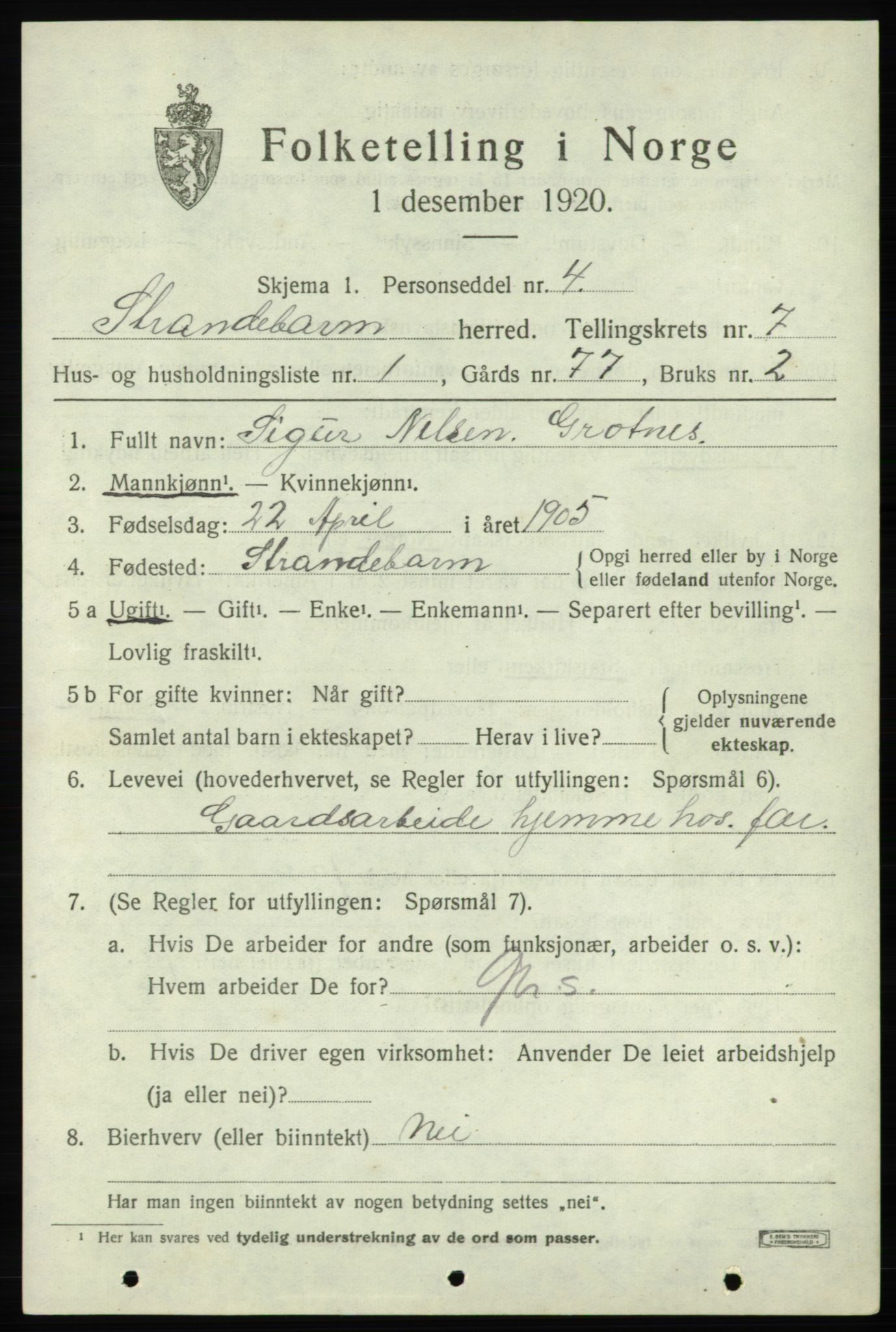 SAB, 1920 census for Strandebarm, 1920, p. 4384