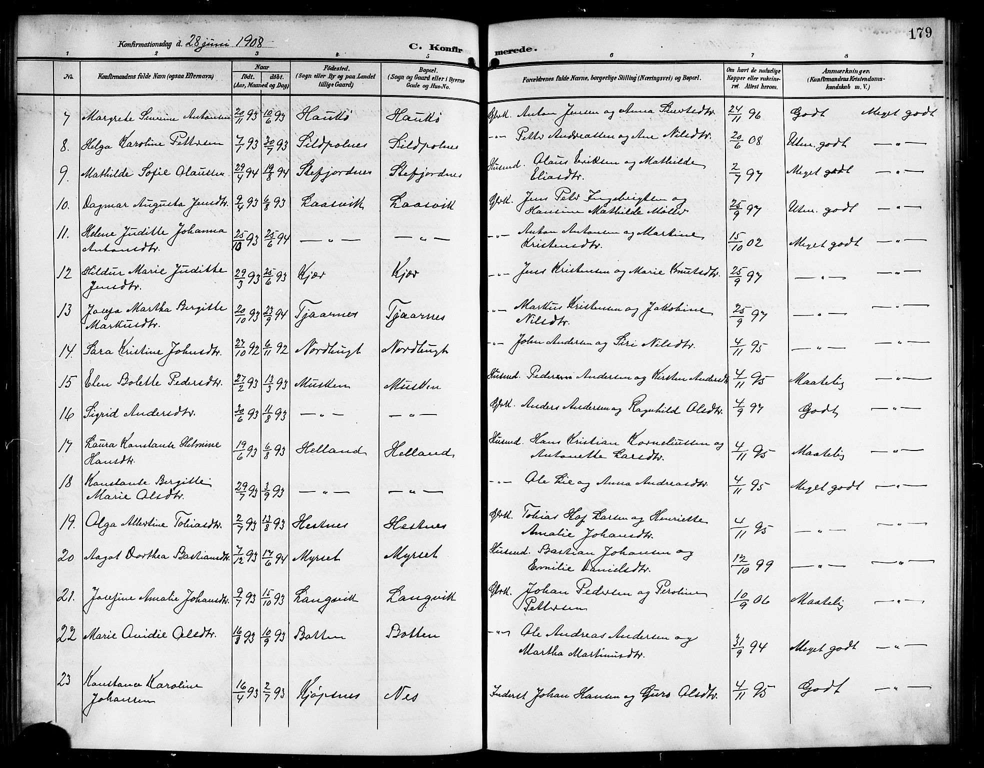 Ministerialprotokoller, klokkerbøker og fødselsregistre - Nordland, AV/SAT-A-1459/861/L0877: Parish register (copy) no. 861C03, 1903-1919, p. 179