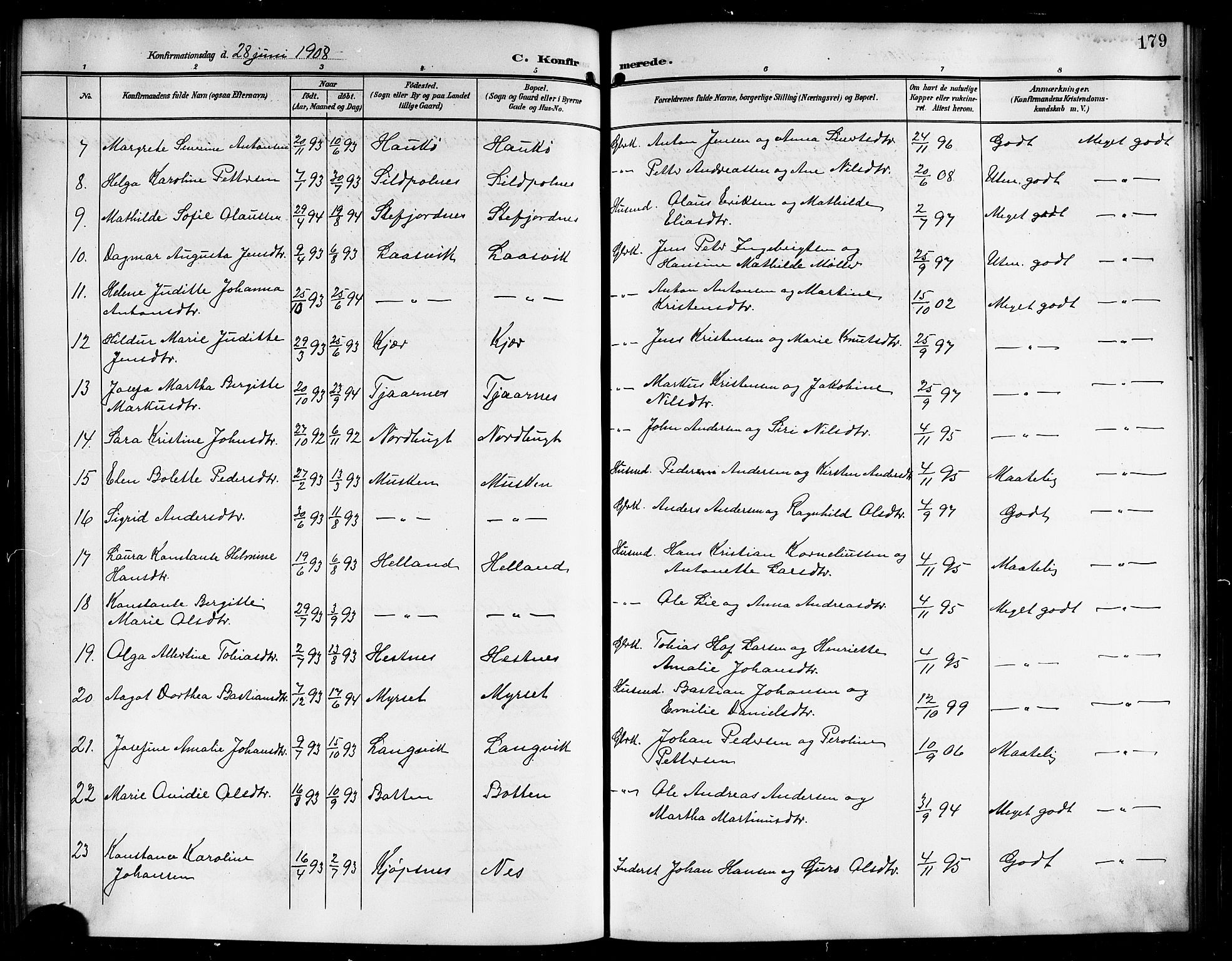 Ministerialprotokoller, klokkerbøker og fødselsregistre - Nordland, AV/SAT-A-1459/861/L0877: Parish register (copy) no. 861C03, 1903-1919, p. 179