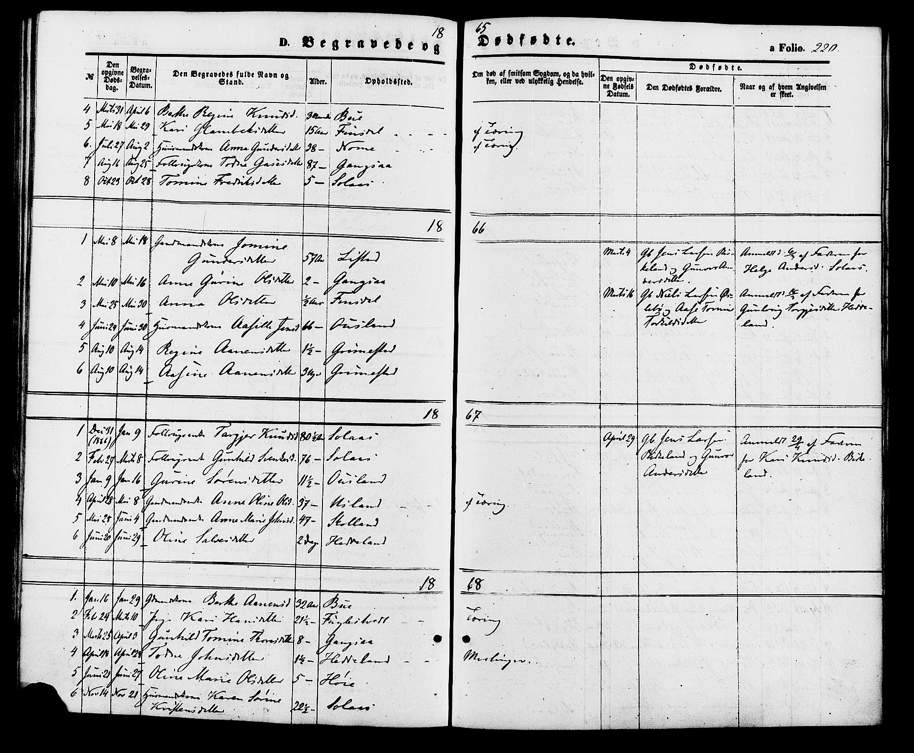 Holum sokneprestkontor, SAK/1111-0022/F/Fa/Fac/L0003: Parish register (official) no. A 3, 1860-1883, p. 220