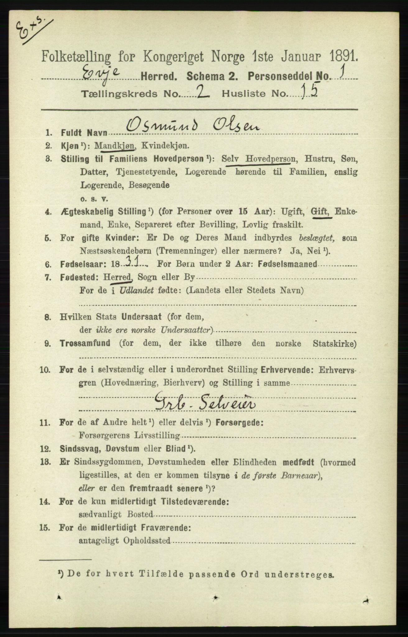 RA, Census 1891 for Nedenes amt: Gjenparter av personsedler for beslektede ektefeller, menn, 1891, p. 999