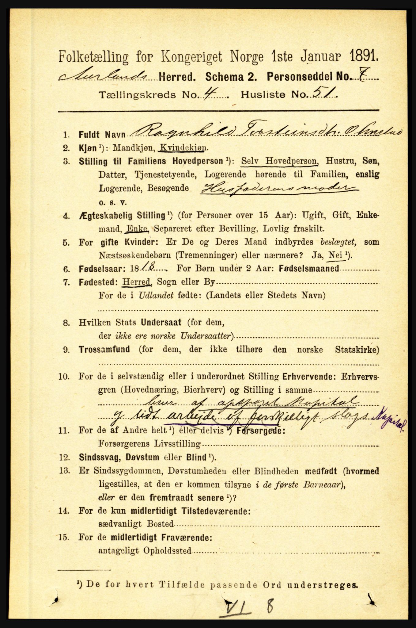 RA, 1891 census for 1421 Aurland, 1891, p. 1617