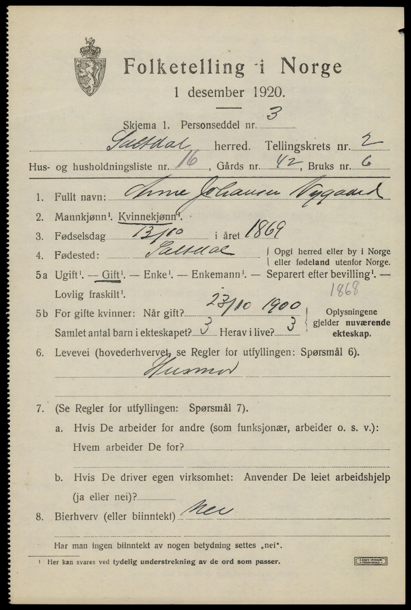 SAT, 1920 census for Saltdal, 1920, p. 3089