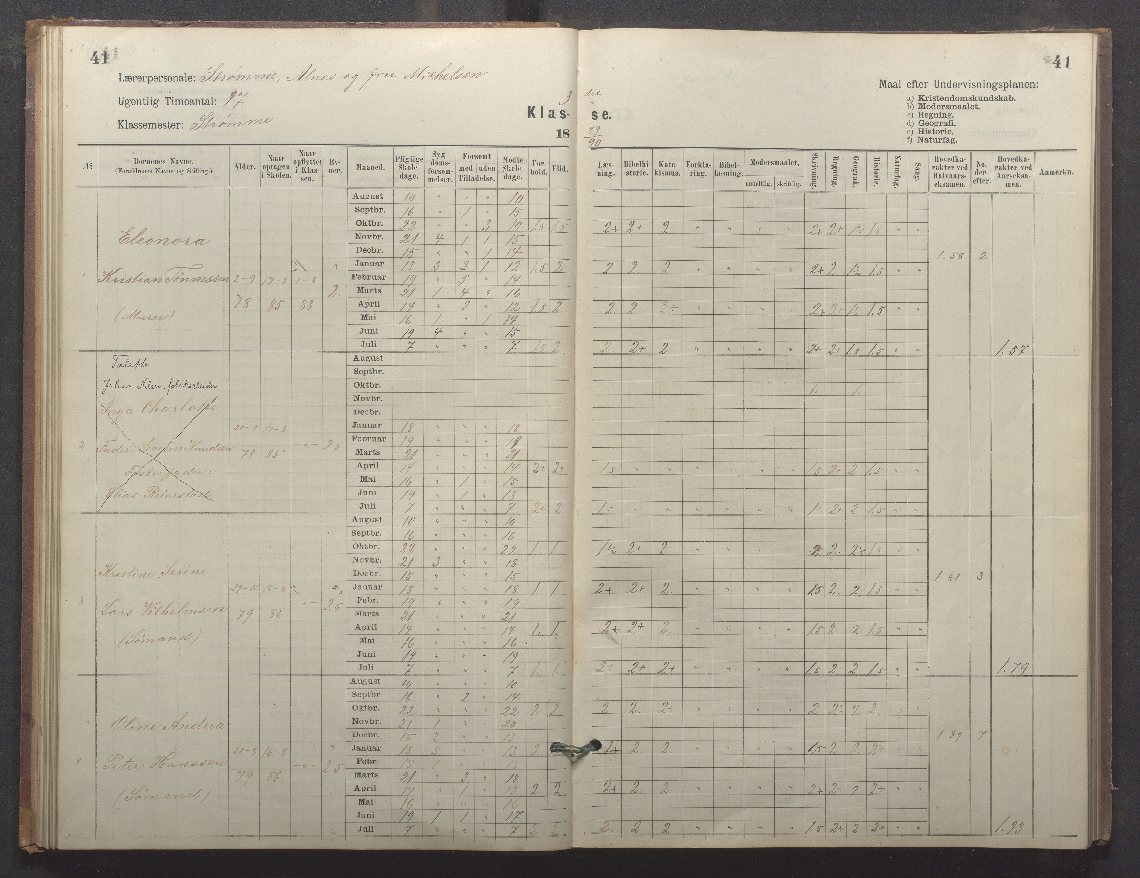 Egersund kommune (Ladested) - Egersund almueskole/folkeskole, IKAR/K-100521/H/L0024: Skoleprotokoll - Almueskolen, 3. klasse, 1887-1892, p. 41