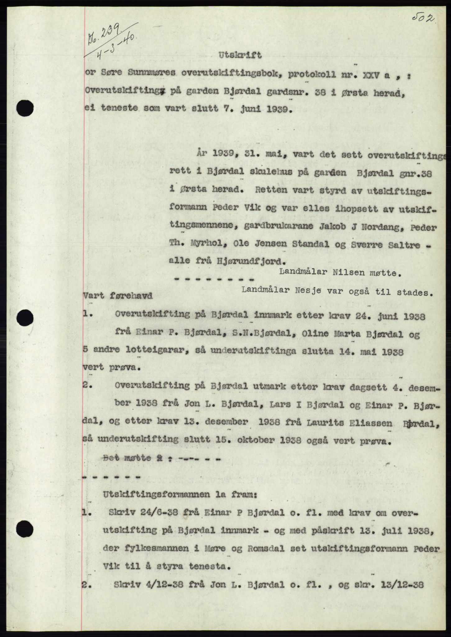 Søre Sunnmøre sorenskriveri, AV/SAT-A-4122/1/2/2C/L0069: Mortgage book no. 63, 1939-1940, Diary no: : 239/1940