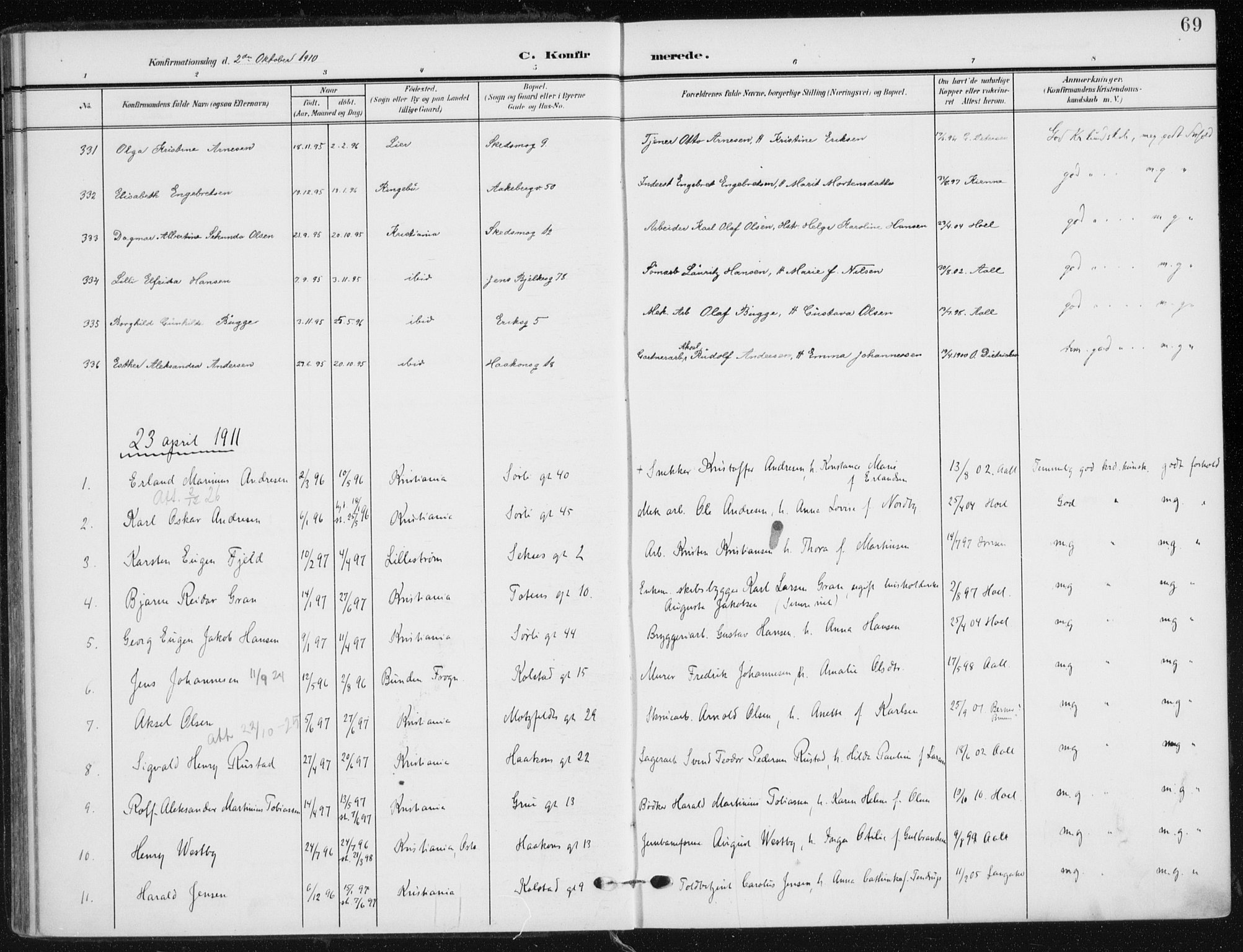 Kampen prestekontor Kirkebøker, SAO/A-10853/F/Fa/L0011: Parish register (official) no. I 11, 1907-1917, p. 69