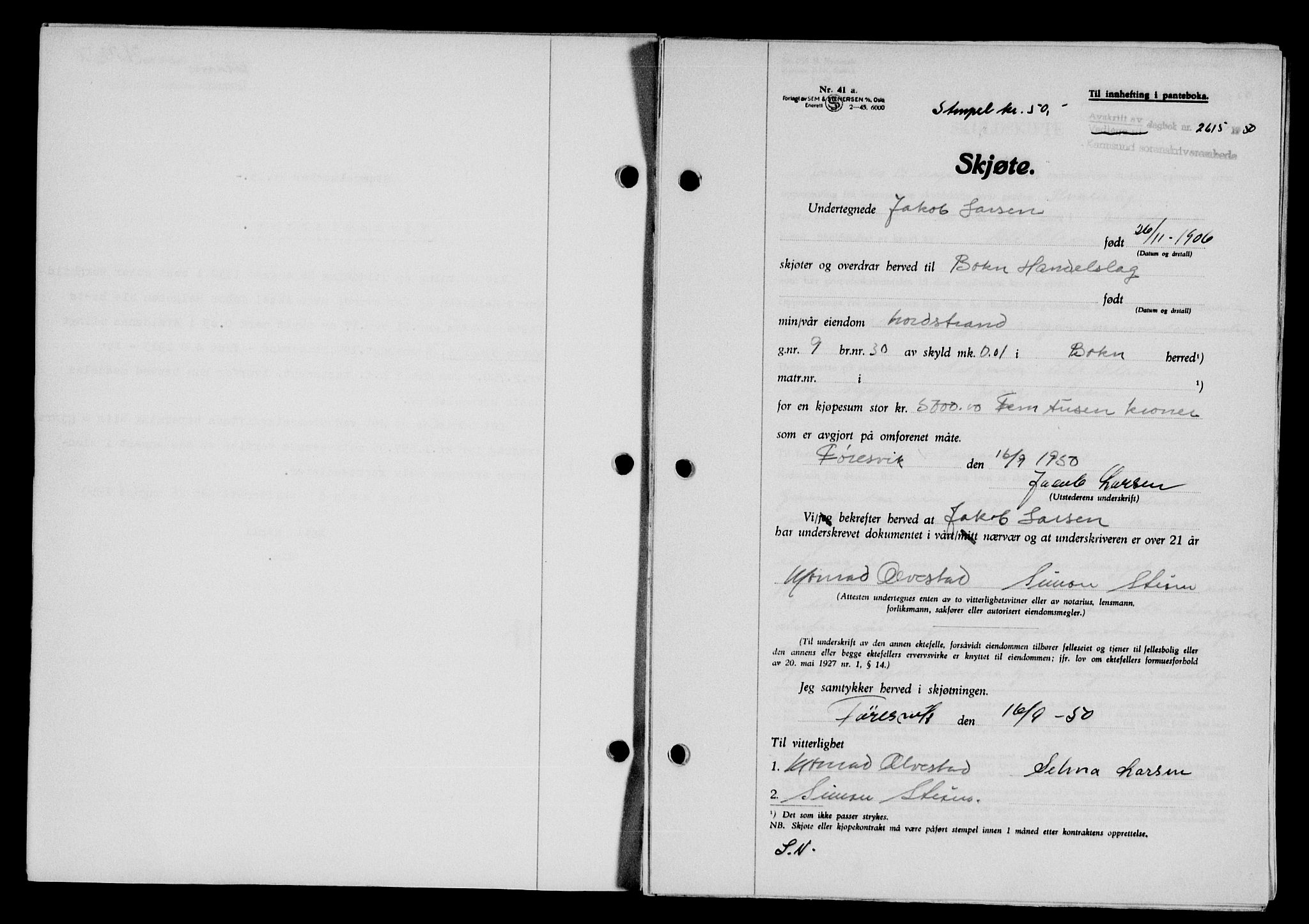 Karmsund sorenskriveri, AV/SAST-A-100311/01/II/IIB/L0101: Mortgage book no. 81A, 1950-1951, Diary no: : 2615/1950