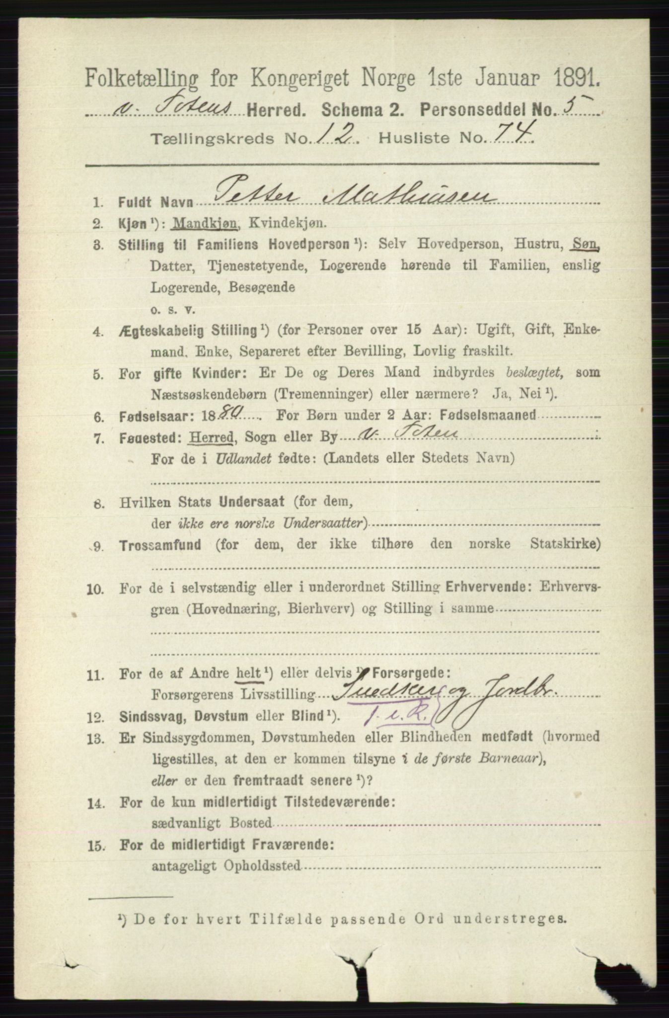 RA, 1891 census for 0529 Vestre Toten, 1891, p. 7697