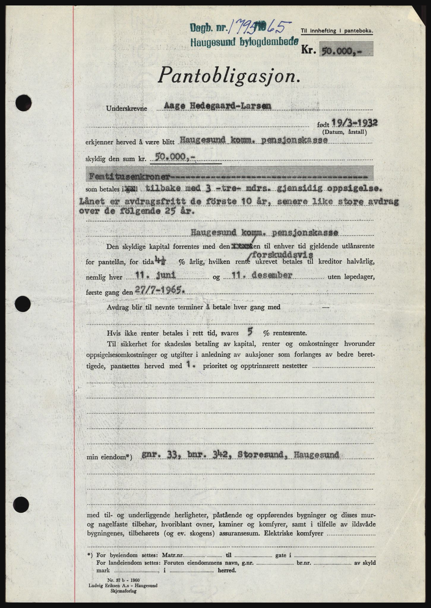 Haugesund tingrett, SAST/A-101415/01/II/IIC/L0053: Mortgage book no. B 53, 1965-1965, Diary no: : 1795/1965