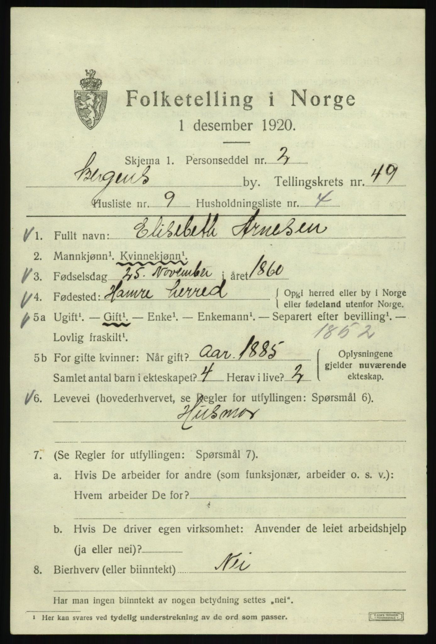 SAB, 1920 census for Bergen, 1920, p. 118194