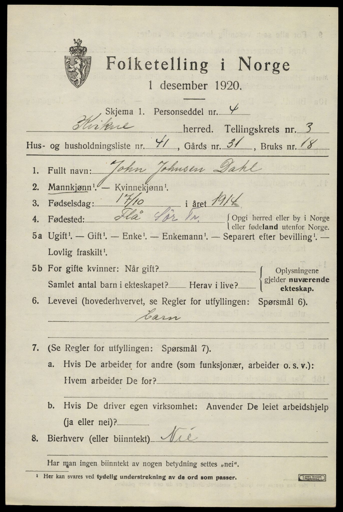 SAH, 1920 census for Kvikne, 1920, p. 1592
