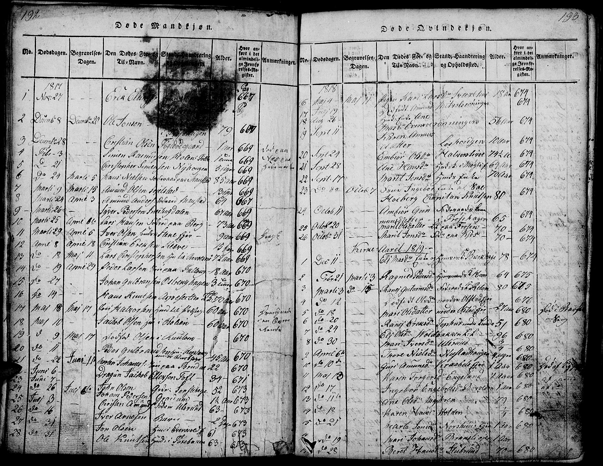 Gausdal prestekontor, SAH/PREST-090/H/Ha/Hab/L0001: Parish register (copy) no. 1, 1817-1848, p. 192-193