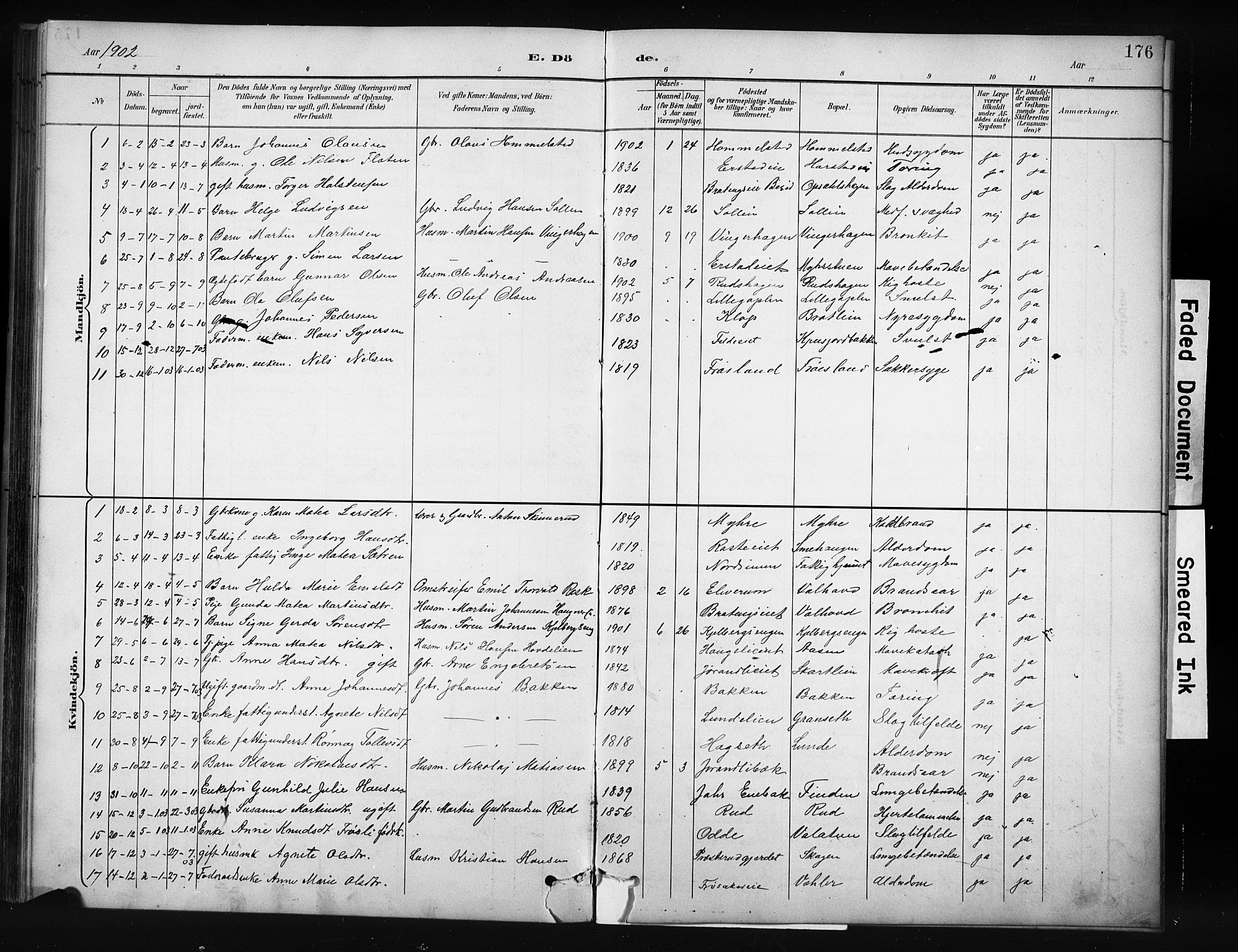 Nordre Land prestekontor, SAH/PREST-124/H/Ha/Hab/L0012: Parish register (copy) no. 12, 1891-1909, p. 176