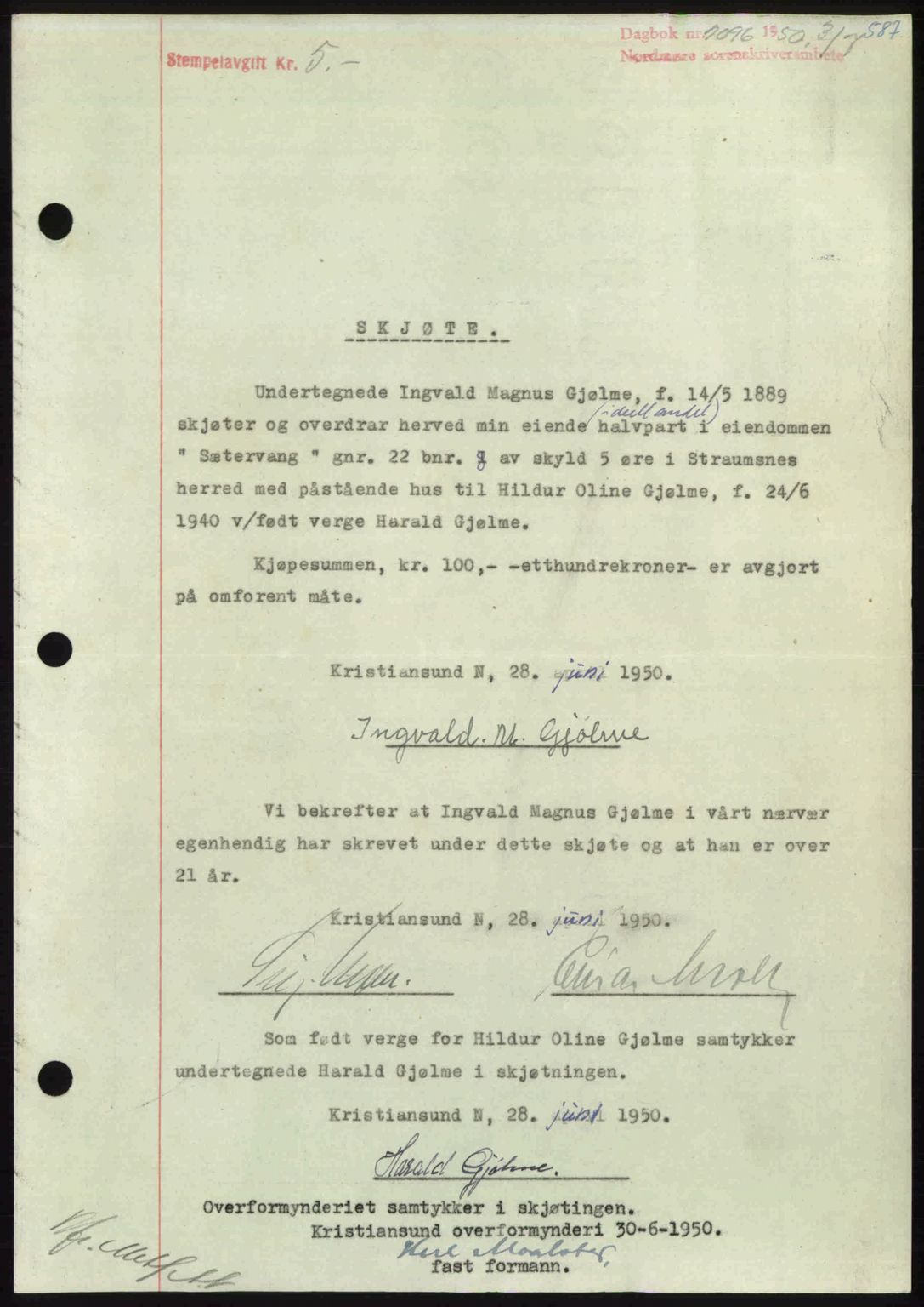 Nordmøre sorenskriveri, AV/SAT-A-4132/1/2/2Ca: Mortgage book no. A115, 1950-1950, Diary no: : 2096/1950